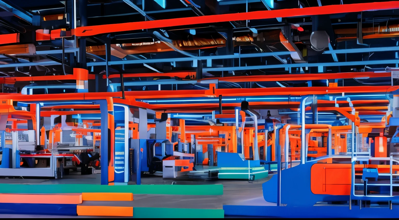 A super modern factory controlled by a technological smartphone, many connected devices, 5G highlight, vibrant colors, intense lighting, IoT icons.