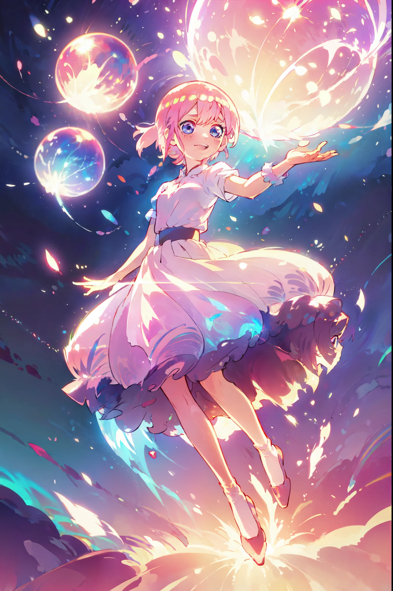 Ichika Nakano, short pink shiny hair, dynamic pose, soft expressive face,, sweet face, smile, iridescent, ((ballgown iridescent), colorful fantasia background, watercolor illustration, 4k, neat lineart