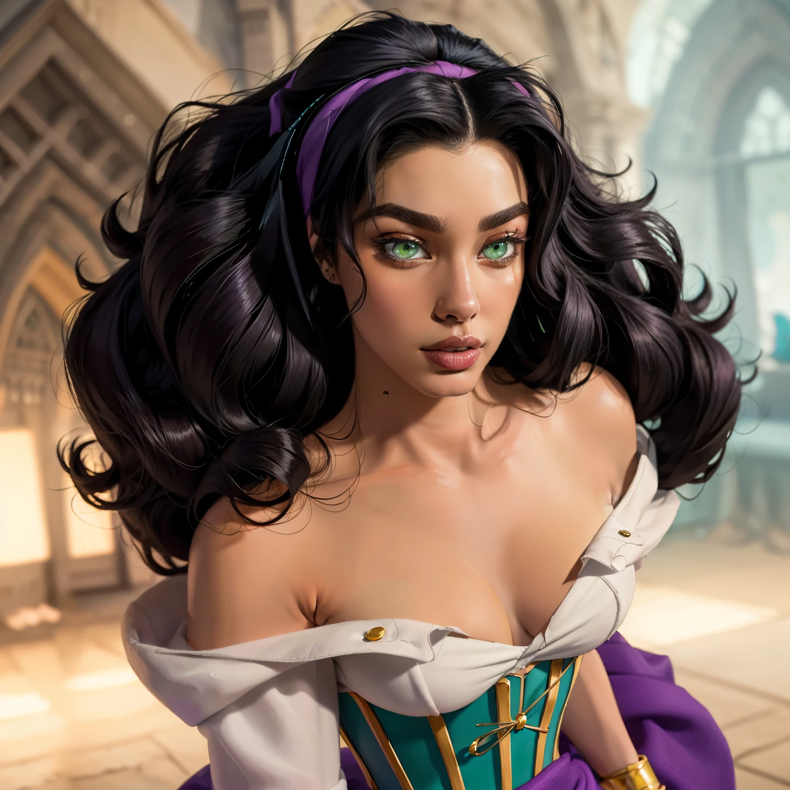 Esmeralda, hairband, bare shoulders, dress, corset, purple skirt, jewelry, insanely detailed and intricate, High quality, high coherence, anatomically correct, green eyes, looking at the camera, hypermaximalist, sensual, beautiful, super detailed  