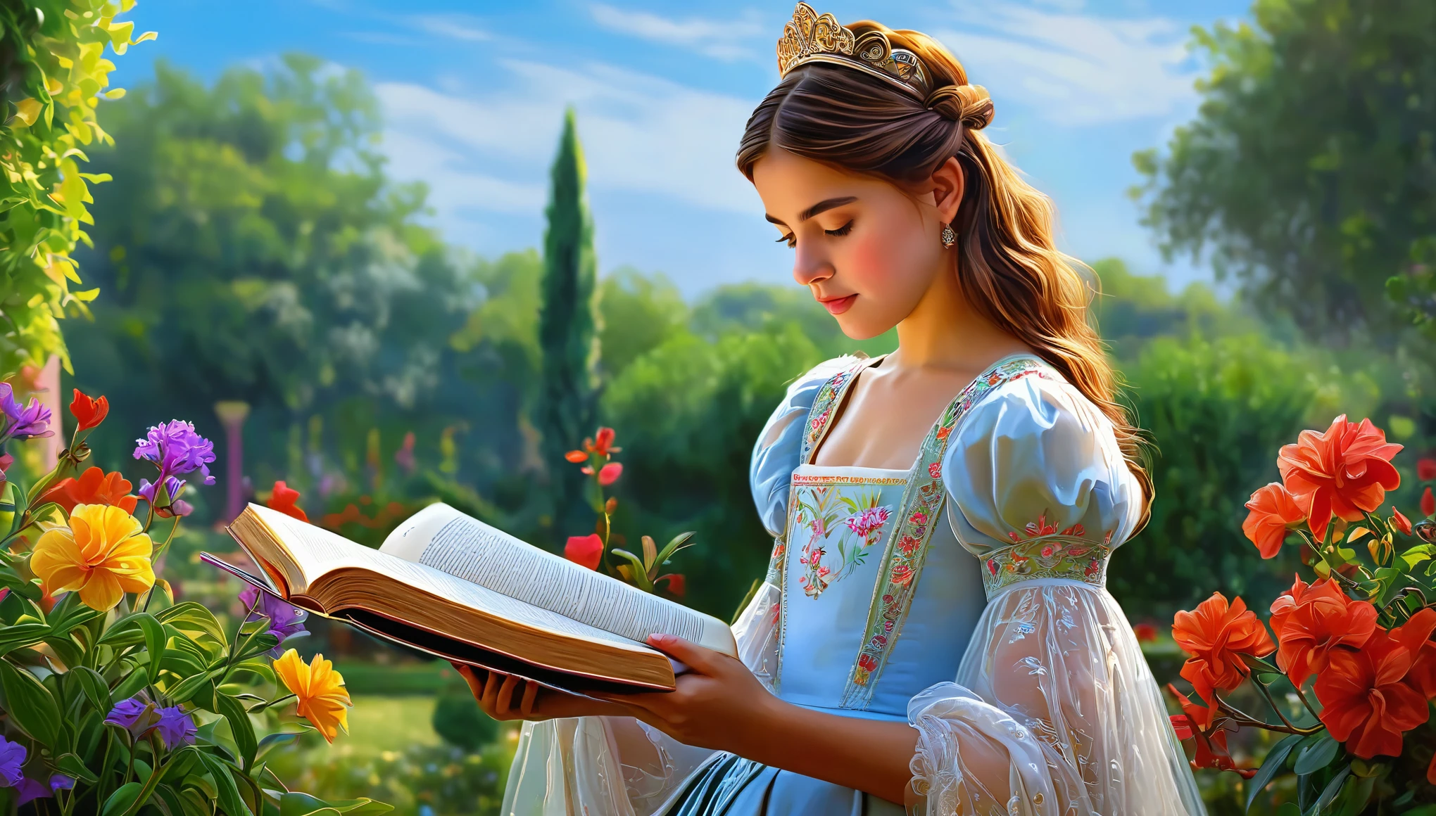 (A girl in a garden), princesa, en una ceremonia, leyendo un libro sagrado, Brown hair, rodeada de magos y guerreros, oil painting, vibrant colors, (best quality,4k,8k,highres,masterpiece:1.2),ultra-detailed,(realistic,photorealistic,photo-realistic:1.37),