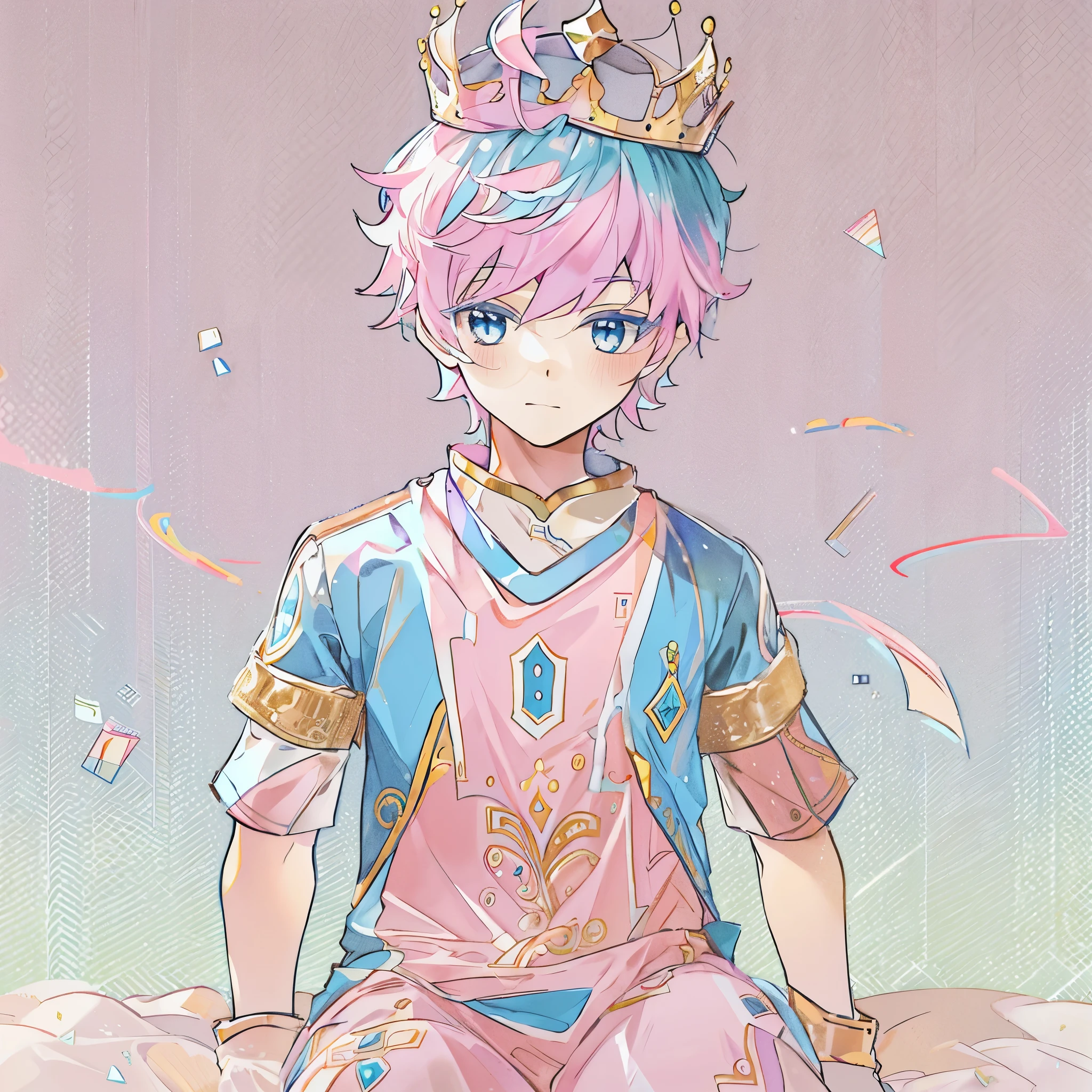 (solo,1boy, masculino),(soccer uniform),aquamarine eyes, Campo de futebol, pink short hair, crown over the head