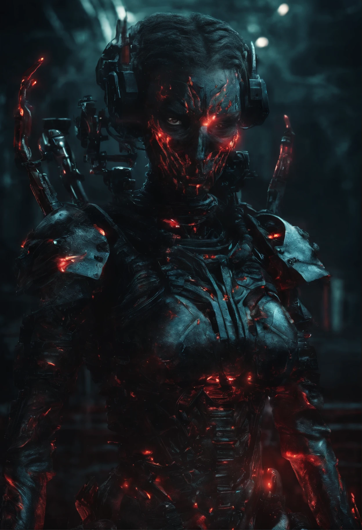 A little bionic cyborg horror creature, evil, horrible, fearful, dangerous, scary, blood, tattoo