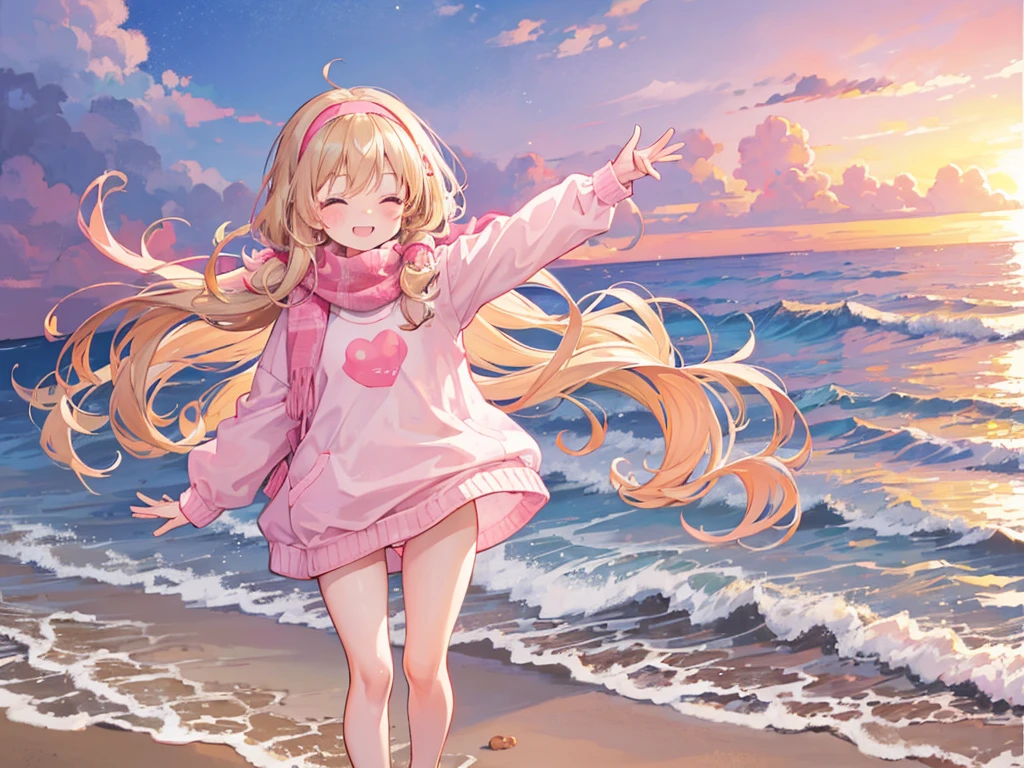 a cute 6 year old church girl named Anna, both brownish blonde hair, long wavy hair, pink white sweater, scarf, no pants, wearing a pink hairband, on a jog, on the beach, eyes closed, sunset, slight smile, wristbands, barefoot, joyful, energetic