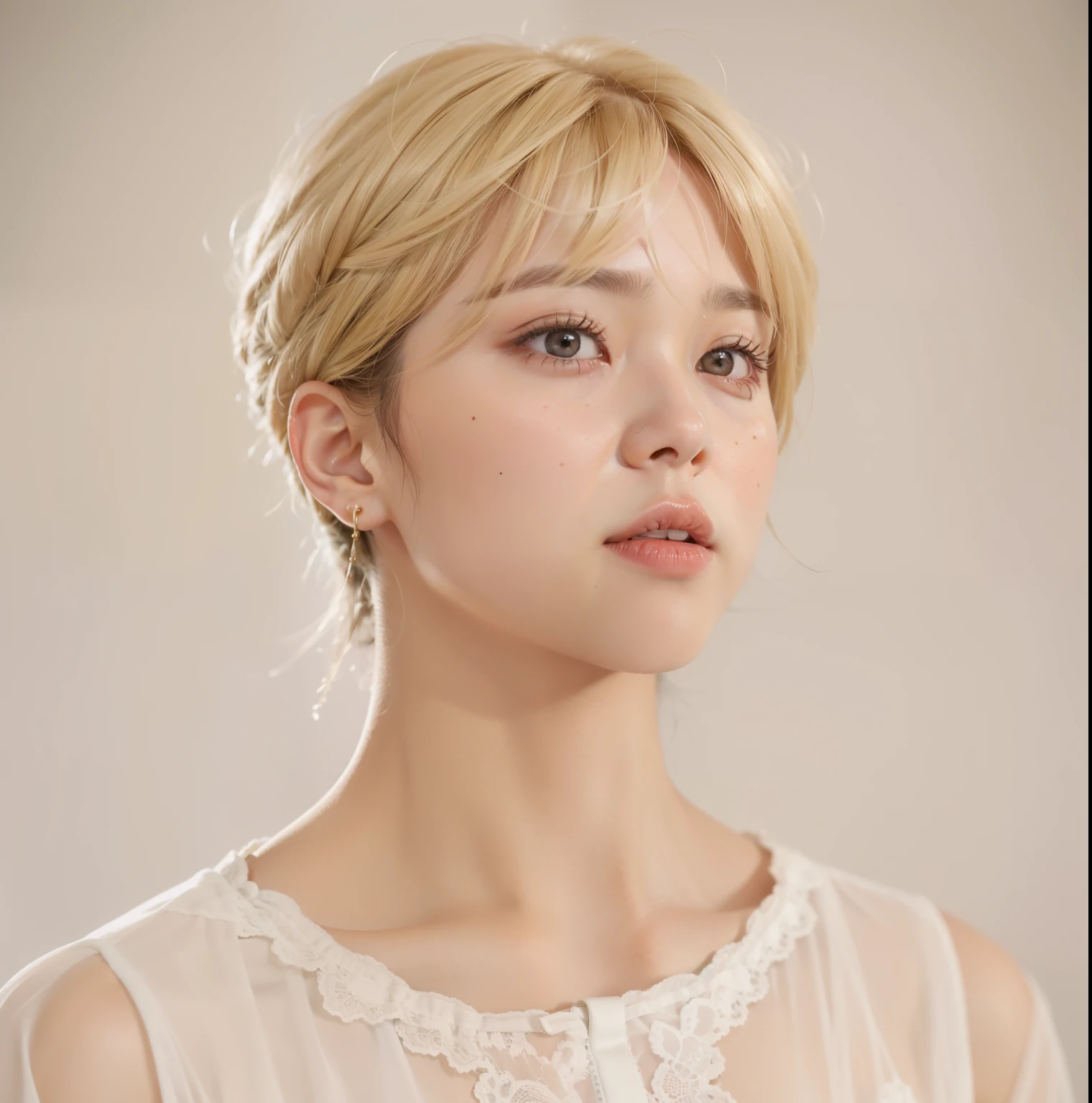 un primer plano de una persona con cabello rubio corto, Jimin\los labios carnosos, Jimin\'s grecian nose, accurate Jimin face, park Jimin, Jimin, Jimin\his right eyelid is swollen, hyung tae, kim taejin, con pelo corto, key still, Spring day, inspirado en Bian Shoumin, chico rubio con ojos amarillos