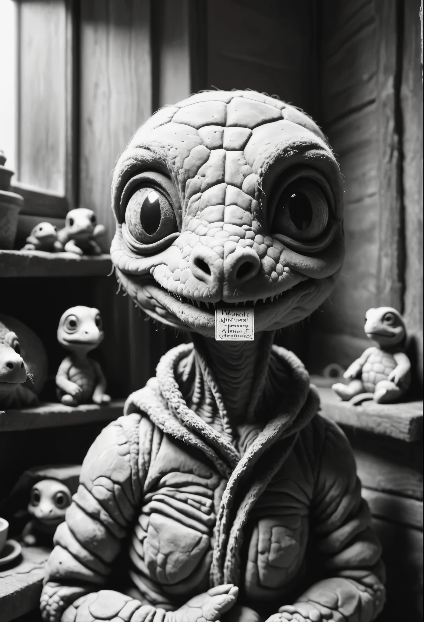 black and white photo of a small stuffed animal, Mother portrait, Aнтон Семенов, Clay character, inspired by E. T. A. Hoffmann, Grey Anthropomorphic, as a Clay character, Junji, that&#39;s 4 thousand, Stop-motion character animation, clay render, six of little nightmares, Humanoid monster turtle, Mother