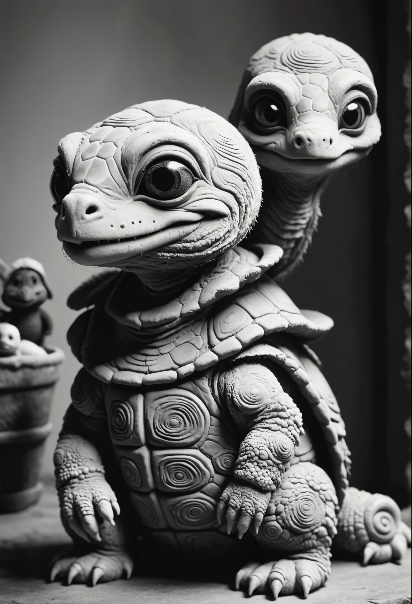 black and white photo of a small stuffed animal, Mother portrait, Aнтон Семенов, Clay character, inspired by E. T. A. Hoffmann, Grey Anthropomorphic, as a Clay character, Junji, that&#39;s 4 thousand, Stop-motion character animation, clay render, six of little nightmares, Humanoid monster turtle, Mother