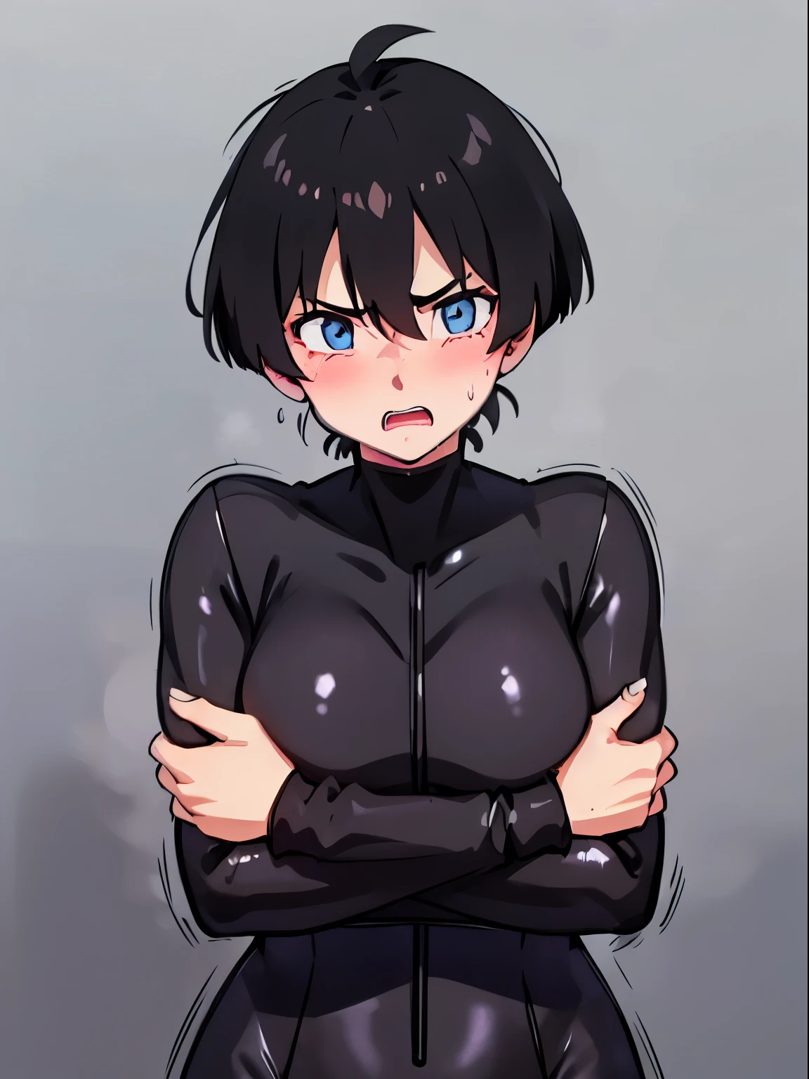 1 girl,((hugged by an old man:1.4)),((Black tight suit:1.4)),blush,embarrassing,serious face,blue eyes,Sweat,open your mouth wide,shy,black hair,spike hair,boyish girl,big breasts,Research room,
