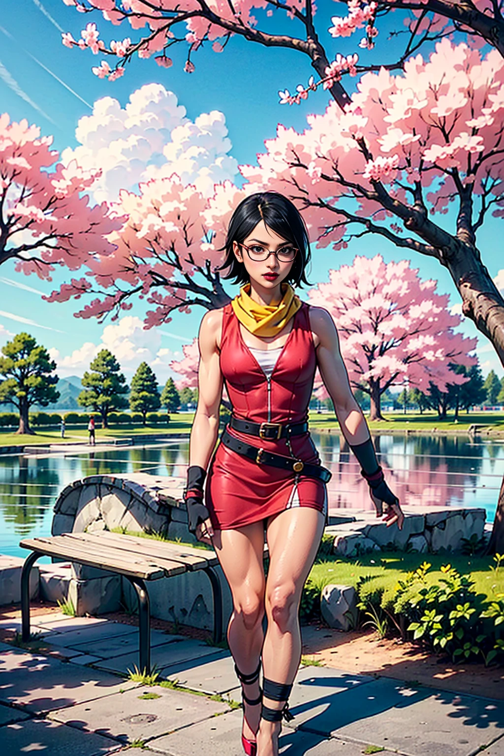 (1girl, solo, alone), (WakatsukiRisa, Sarada Uchiha, black hair, short hair, black eyes, red glasses), ((solo, (1woman, ((small bust)), pink lipstick, black eyes), Extremely detailed, ambient soft lighting, 4k, perfect eyes, a perfect face, perfect lighting, a 1girl)), ((fitness, muscular, shapely body, athletic body, toned body)), ((red dress, white top, neck scarf, yellow scarf, black and white high heels, long gloves, white belt, wristband, walking in a square, pond, cherry tree, park bench))