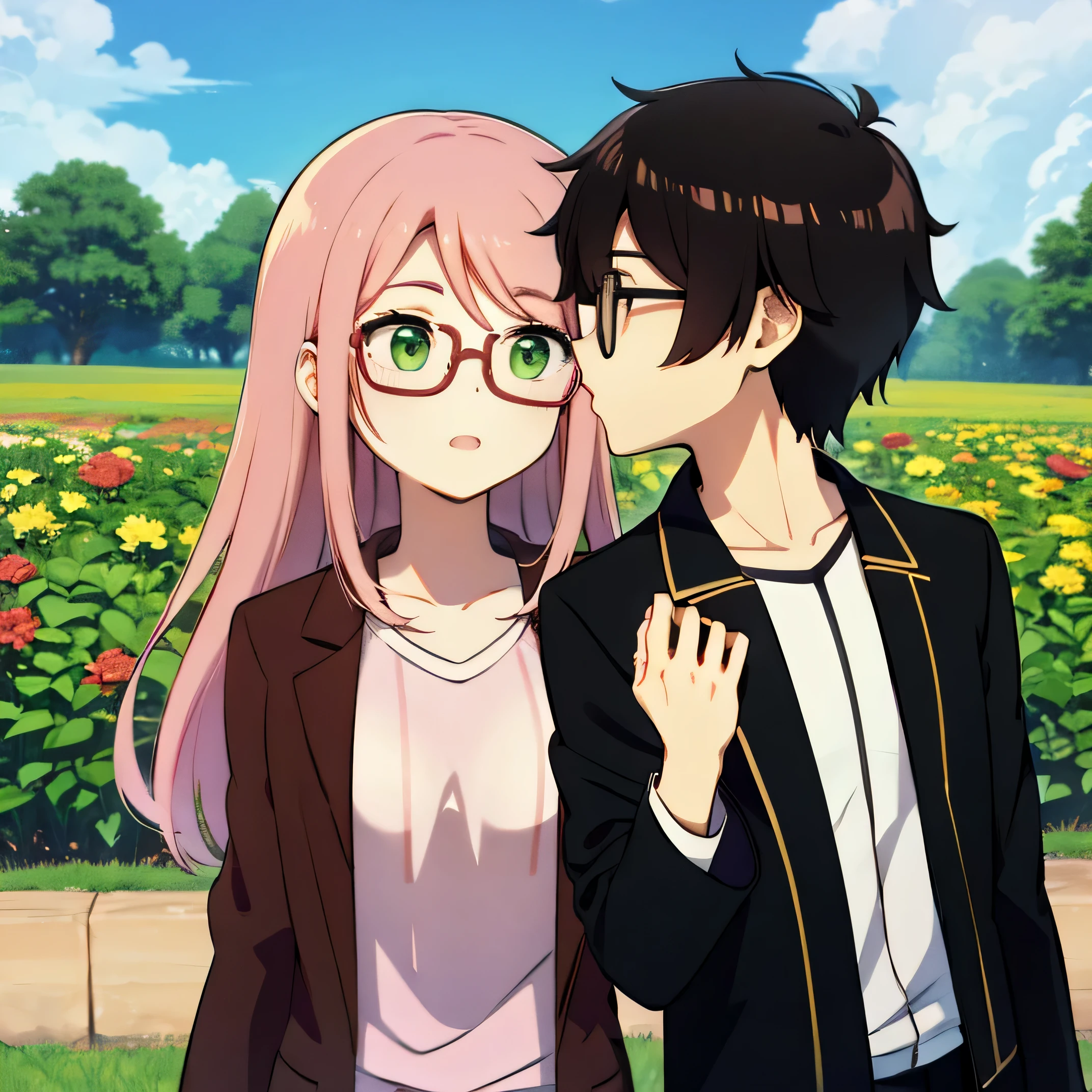 1 chico con pelo negro, red jacket and glasses romantically kissing a girl with pink hair and green eyes, campo de flores en el fondo, amor verdadero, mejillas sonrojadas, alta calidad 