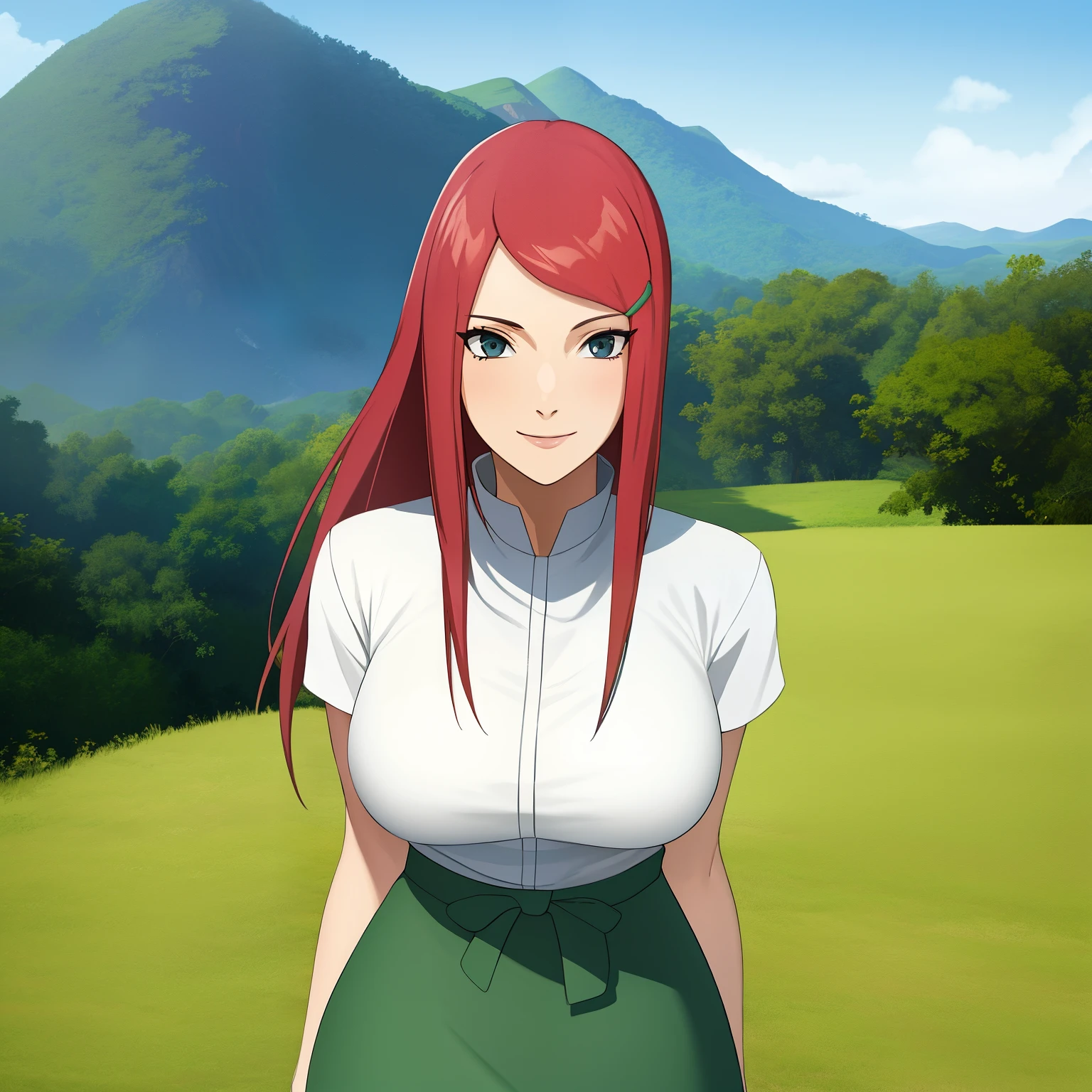 Scroll_Kushina, big deal_breast, permanent, alone, Kushina_green_skirt, masterpiece, best quality, Detailed face, delicate eyes, high resolution, Smile, Ghibli, landscape, background, (masterpiece:1.4, best quality:1.2), (beautiful eyes, pretty face), (high resolution), (Detailed description), Super detailed, looking at the audience, Konohagakure, Scroll_Kushina, Kushina_green_skirt,