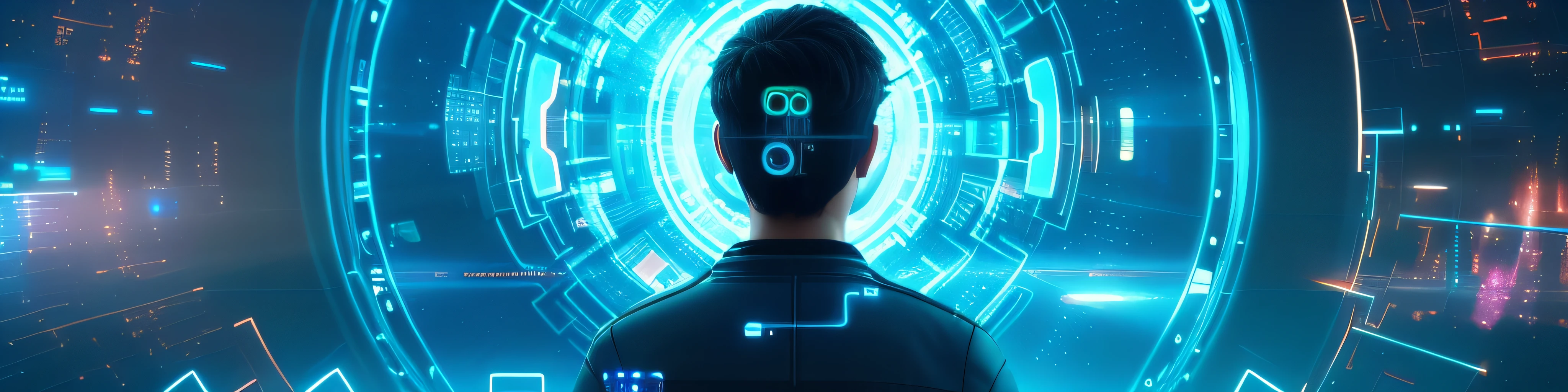 un primer plano de una persona parada frente a un fondo futurista, futuro codificador hombre mirando, in a science fiction movie, en 2 0 5 5, yo virtual, futuristic, avatar image, Technology Science - Fiction, Promotional image of the film, future technology, 2049, futuristic avatars, 2022 movie, holographic interface