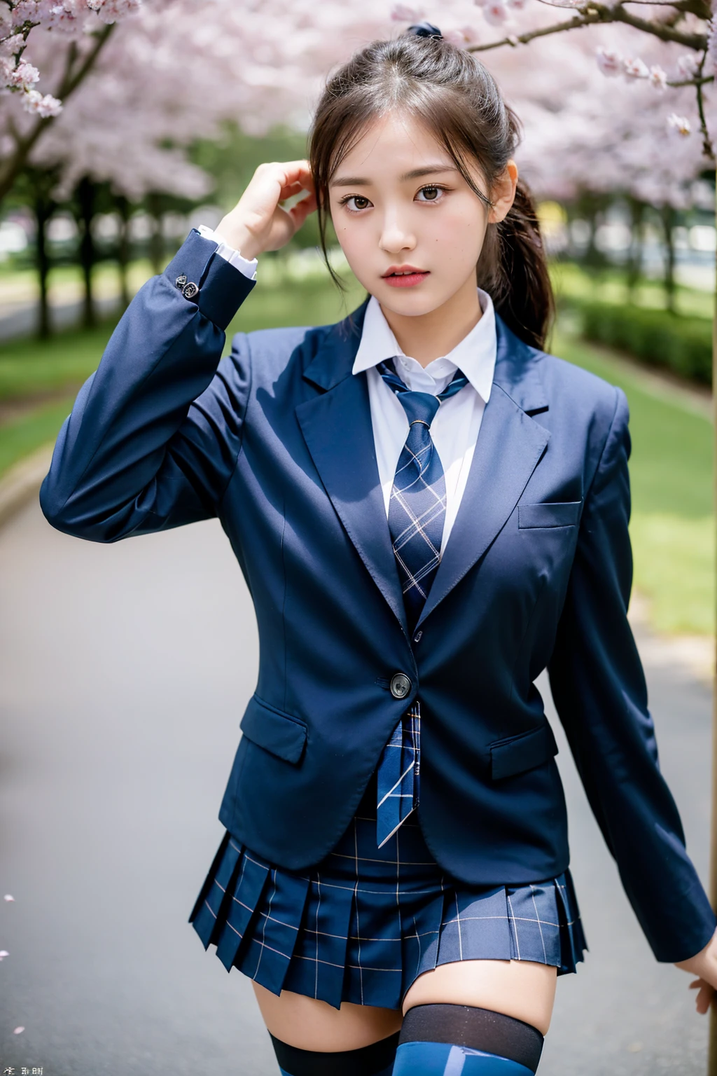 (8K), (highest quality: 1.2), (realistic), (realistic: 1.37), ultra high resolution, 1 girl, cute, angry face, closed mouth, beautiful details, beautiful nose,beautiful hair,ponytail,thighs,college uniform,simple dark blue satin blazer,satin white blouse,A bow tie,pleated skirt,School,Cherry blossom trees in full bloom,(The pattern of the skirt and tie is a dark blue tartan check pattern.:1.3),(The check pattern on the skirt is a little finer.:1.2),(Opaque black thigh-high socks:1.4) ,thighsにクローズアップ,avert your eyes,Shopping mall