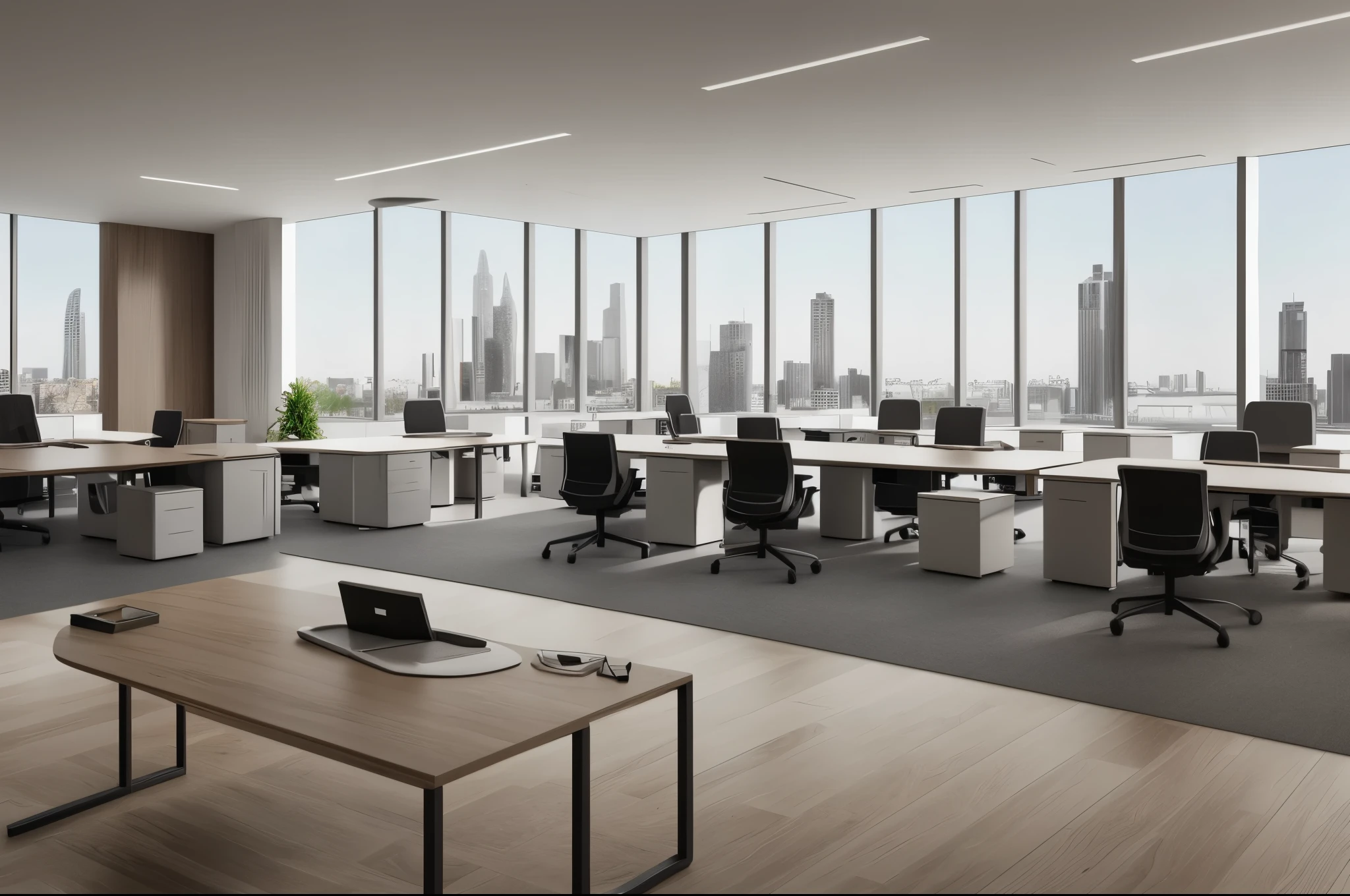 Modern office, window view, ultra realistic, HD, 8k, no chairs, Realistic photography，interior scenes
