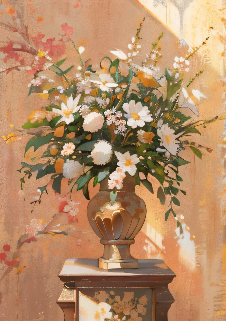 Draw a vase on the table,The background is the wall, vase, elegant flowers, gorgeous flowers, elegant composition, bouquet, There is floweryvase, gilded. flowery, floral update, Elegant scene, Flowery still life, Inspired by François Borguet, I dreamed that there were flowers in vase, The paintings are elegant and delicate, author:John Clayton Adams