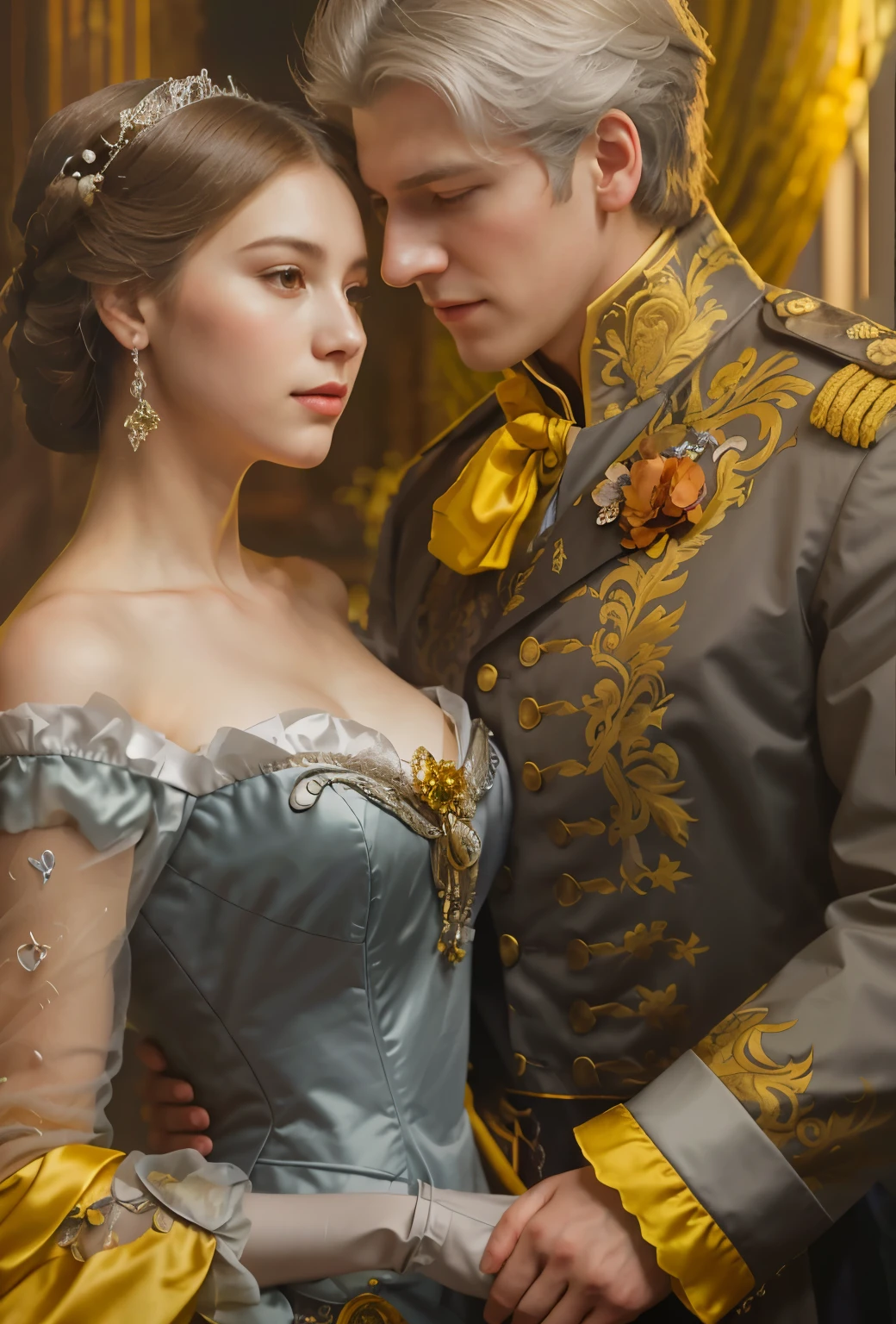 There is a picture, which shows a couple, dressed in formal clothes., elegant digital painting, royal portrait, work in Guweiz style, WLOP and Andrey Ryabovichev, royal elegant pose, elegant couple, Imperial Royal Elegant Clothing, Painting of the Romantic era, romance novel cover, royal portrait painting, Beautiful character art, Imperial Portrait, exquisite digital illustration
