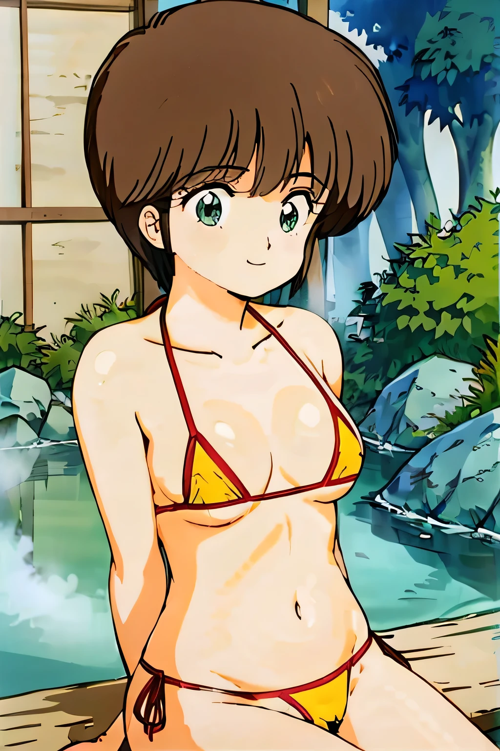 1girl, Hikaru Hiyama, short cut hair, a hot spring, Japanese hot spring, smiling, sitting, facing front, (micro bikini: 1.5), beautiful zenin, medium breasted, indoors, stereoscopic lighting, top quality, masterpiece, intricate details, tone mapping, sharp focus, hyper detail, trending at Art Station, bikini, embarrassed, blushing,