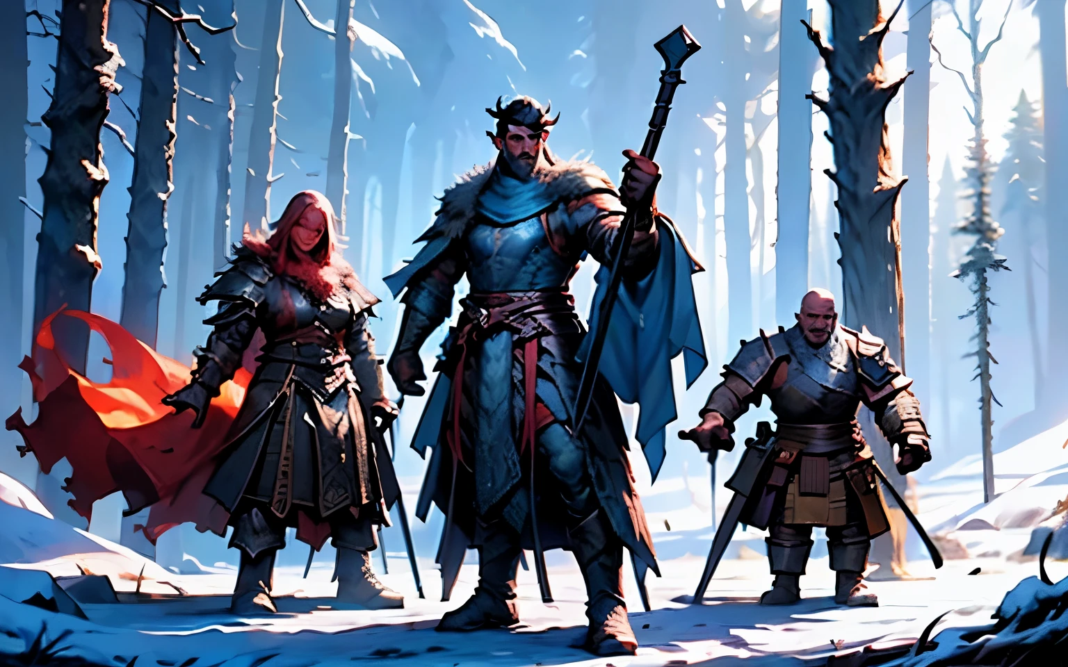 A group of arafid men in armor standing in a snowy forest, from《Dungeons and Dragons》video games, Action RPG, Unreal Engine Fantasy Art, Frost giant multiplayer online role-playing game scene, Thick winter aesthetics, winter concept art, Game CG, Video game screenshots in 2020, dwarf, Unreal 5. RPG portrait, Unreal engine 4k wallpaper