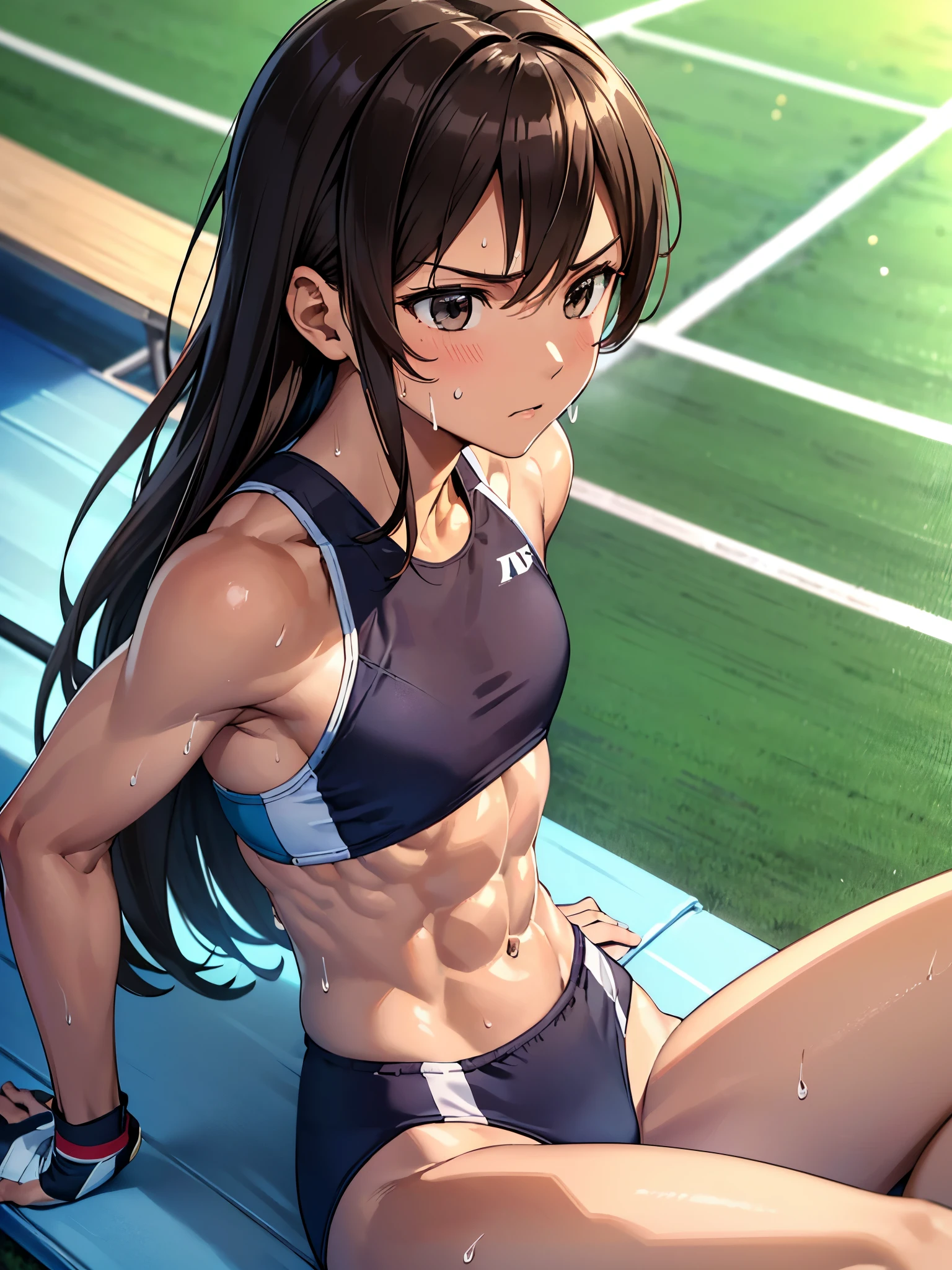 masterpiece, best quality, ultra detailed, ultra high resolution, very detailed face, solo, anime, (((track and field athlete))), beautiful mature woman、athlete, sit on the bench at the track and field stadium, (((Upper body))), darkbrown medium straight hair, ((small breast)), ((sweat)), serious face, ((abdomen)), ((six pack abs))