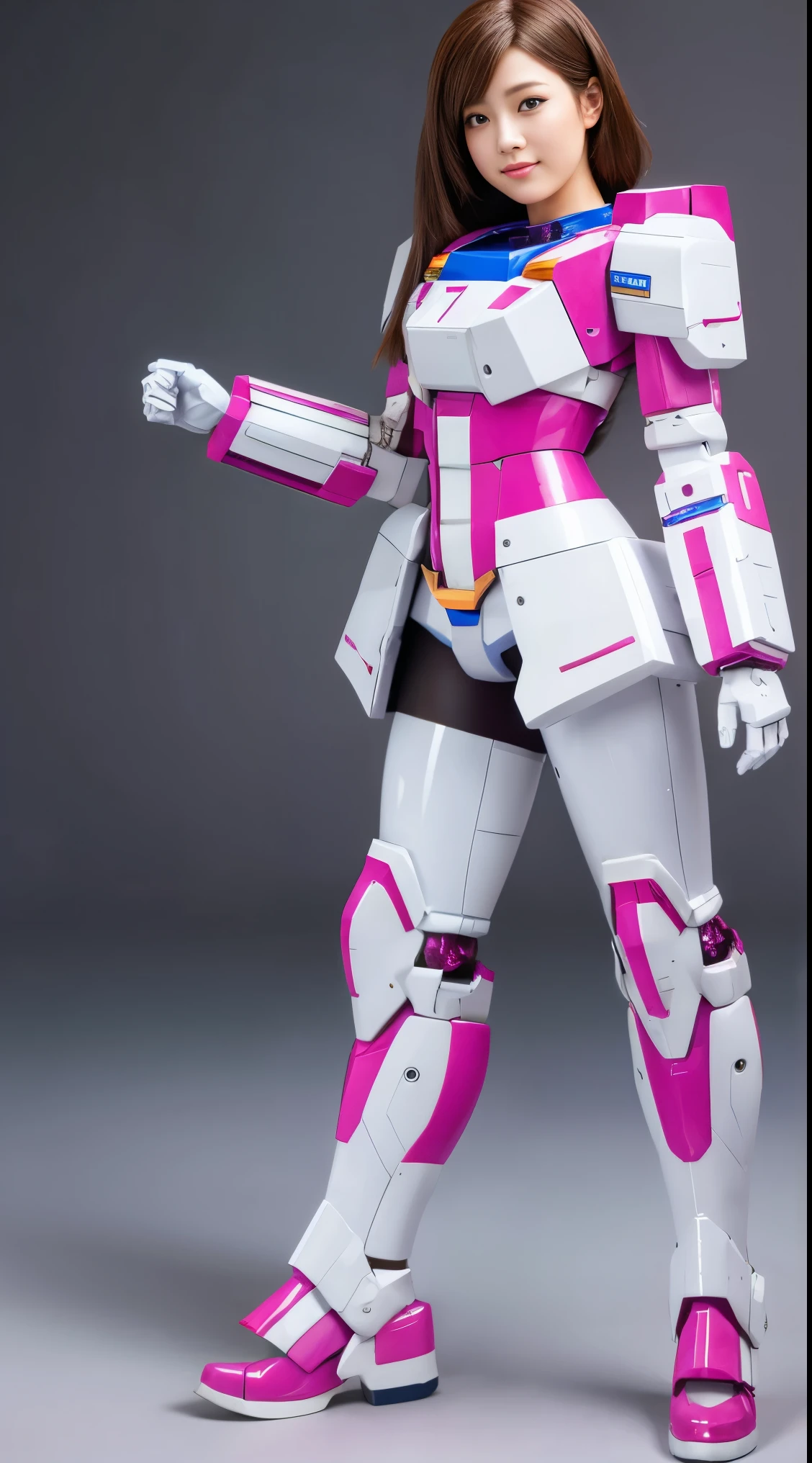 RAW, Masterpiece, Ultra Fine Photo,, Best Quality, Ultra High Resolution, Photorealistic, Sunlight, Full Body Portrait, Stunningly Beautiful,, Dynamic Poses, Delicate Face, Vibrant Eyes, (Side View) a close up of a woman in a pink and white gundam custume, dybamic pose, long brown very very long hair rapunzel, girl in mecha cyber armor, portrait armored astronaut girl, d. va from overwatch, female mecha, on a gundam, gundam head, chiho aoshima color scheme, mobile suit, streamlined purple armor, fully robotic!! girl, realistic cosplay, gundam armor (dynamic pose) (best cameraview), full body