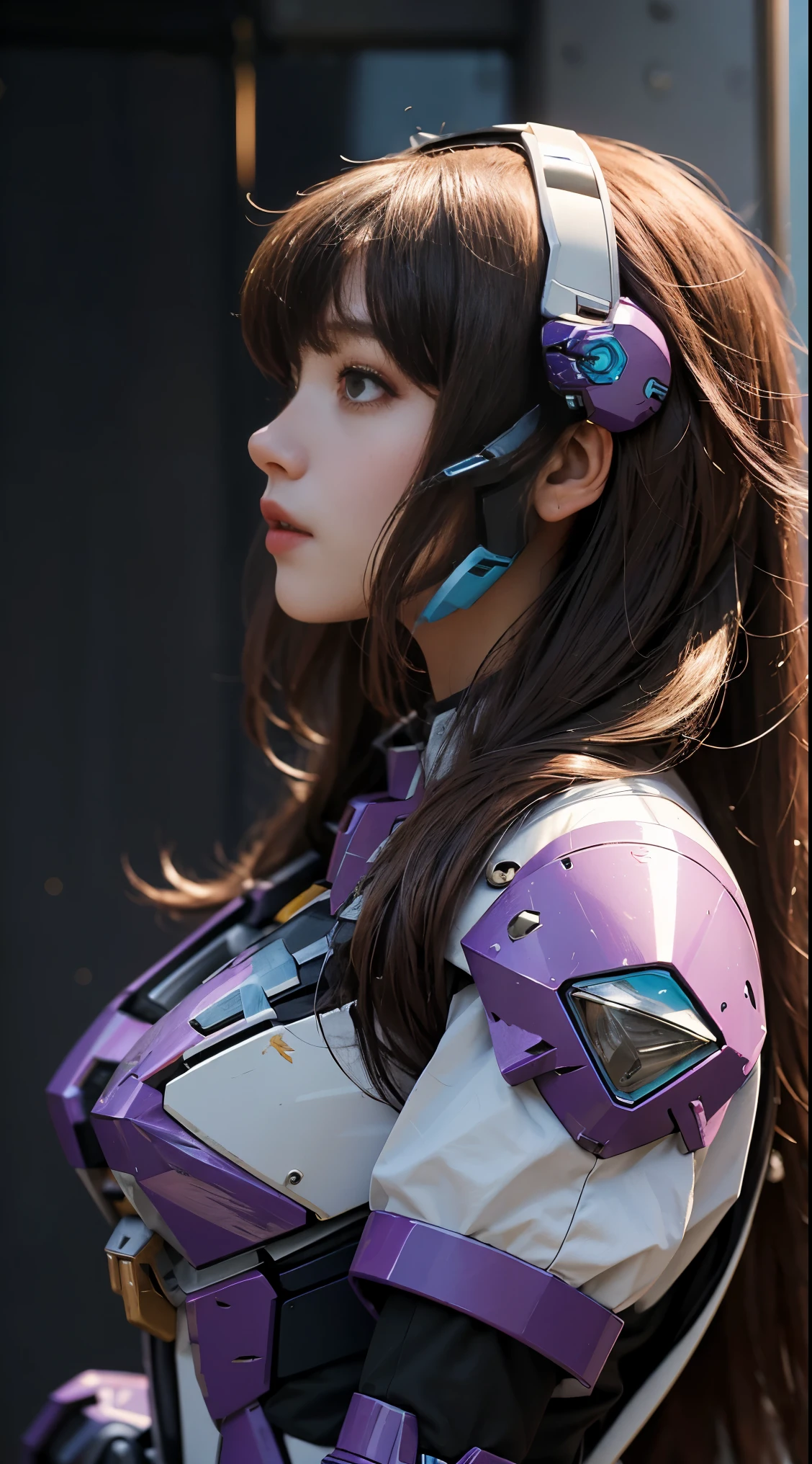 RAW, Masterpiece, Ultra Fine Photo,, Best Quality, Ultra High Resolution, Photorealistic, Sunlight, Full Body Portrait, Stunningly Beautiful,, Dynamic Poses, Delicate Face, Vibrant Eyes, (Side View) a close up of a woman in a pink and white gundam custume, dybamic pose, long brown very very long hair rapunzel, girl in mecha cyber armor, portrait armored astronaut girl, d. va from overwatch, female mecha, on a gundam, gundam head, chiho aoshima color scheme, mobile suit, streamlined purple armor, fully robotic!! girl, realistic cosplay, gundam armor (dynamic pose) (best cameraview), full body