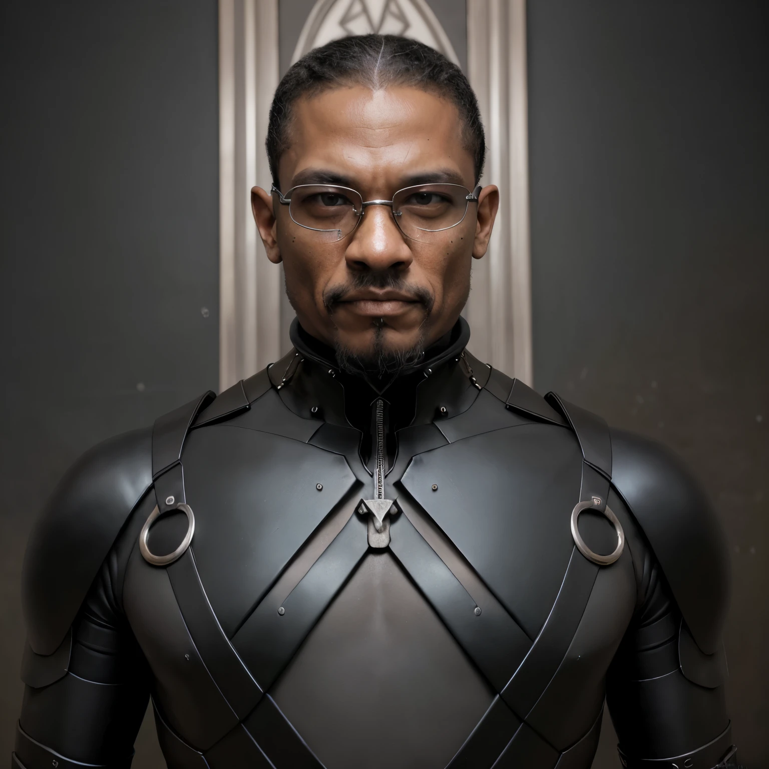 Malcolm-X Rosto, datk fantasia, baladas de rock, homem negro, pele marrom, homem quarenta anos, wearing a black mech suit, intrincado, (metallic black steel), elegante, gothic colors, obra-prima, ((rua)), luz negra, rosto arredondado, escrito: "Frank Walczak" on chest big beard without glasses