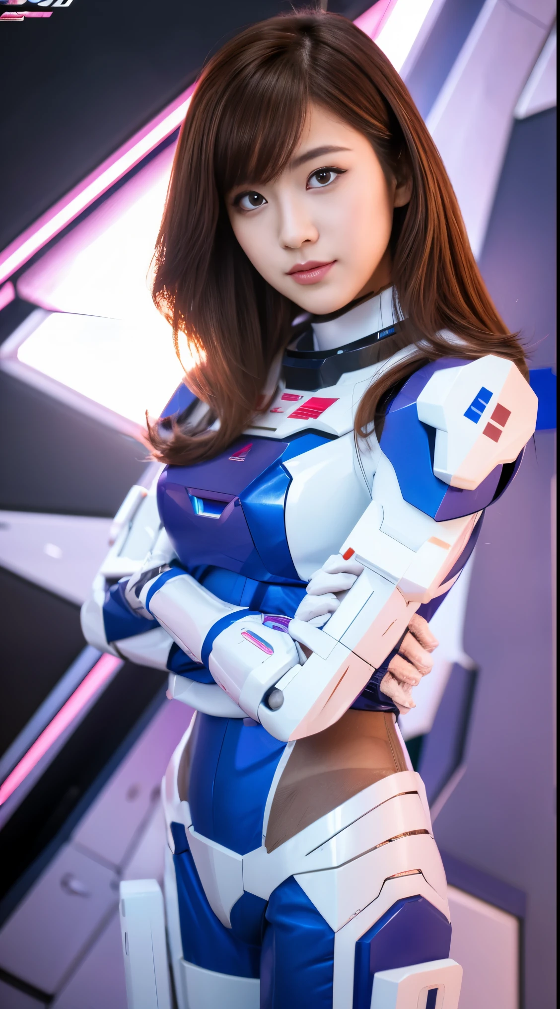 RAW, Masterpiece, Ultra Fine Photo,, Best Quality, Ultra High Resolution, Photorealistic, Sunlight, Full Body Portrait, Stunningly Beautiful,, Dynamic Poses, Delicate Face, Vibrant Eyes, (Side View) a close up of a woman in a pink and white gundam custume, dybamic pose, long brown very very long hair rapunzel, girl in mecha cyber armor, portrait armored astronaut girl, d. va from overwatch, female mecha, on a gundam, gundam head, chiho aoshima color scheme, mobile suit, streamlined purple armor, fully robotic!! girl, realistic cosplay, gundam armor (dynamic pose) (best cameraview), full body