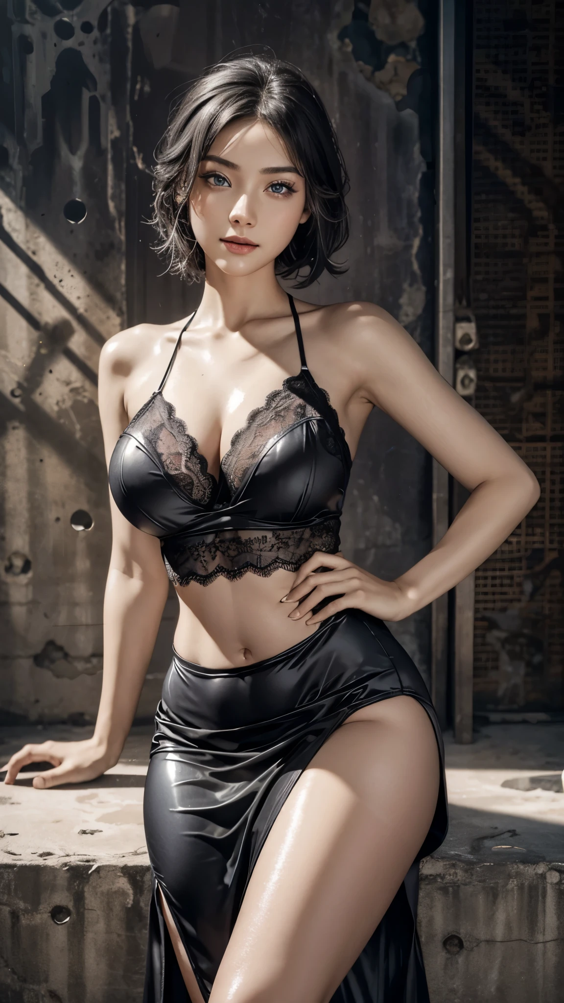 (nsfw, ultra Realistic:1.4),Best Quality, (1girl:1.8), (gray short hair girl), with fair skin and seductive blue-eyes, (oiled and shiny theme:1.2), (oily skin, shiny skin, wet skin, damping skin, Skin that shines with oil), detailed face, huge eyes, very small face, detailed eyes, big eyes, dropy eyes, Double eyelid, Glossy eyes, BREAK (latex and lace fusion:1.2), (black maxi camisole Separate dress:1.4), (black and white color scheme:1.2), (lace detailing:1.4), (body-hugging silhouette:1.2), (high slit:1.2), (stiletto heels:1.2), BREAK Adopt a curvaceous posture, damp skin, (in a A dim concrete studio), happy, Smiling, looking viewer, (High position large ), oily udder、oily breast, breasts、Ingrain, ingrown breast、meat caught iclothing, meat stuck to the clothing, (navel:1.4), bold exposure、(oily skin), wet skin、damp skin、big muscular butt、captivate your audienandom sexy pose, female leopard sexyse、Adopt a curvaceous post, BREAK (black background),(refraction of White white lighting),