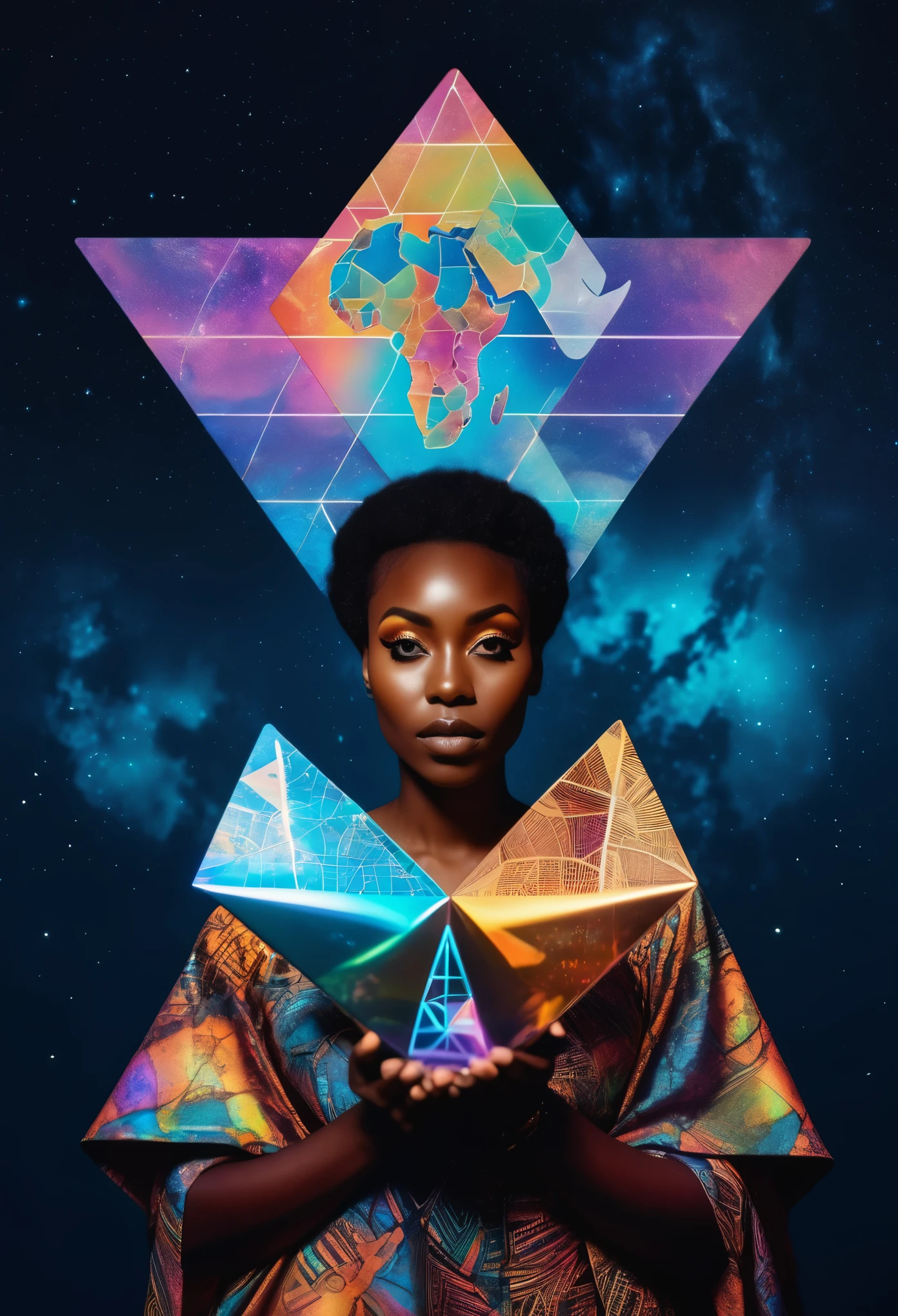 a colorful moth black woman holding a holographic African map, otherworldly, an album cover, aestheticism, moon and triangle background, surreal photography