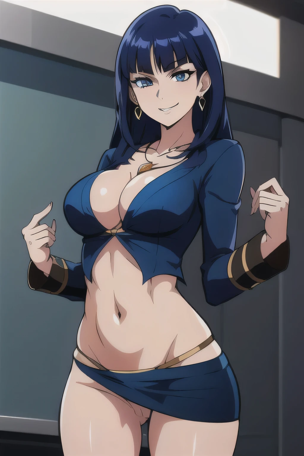 long hair,blunt bangs,,blue hair,blue eyes,evil smile,
1 girl, 24yo,mature female,Beautiful Finger,Beautiful long legs,Beautiful body,Beautiful Nose,Beautiful character design, perfect eyes, perfect face,
masterpiece, best quality, ((unbuttoned , cleavage, necklace, earrings, sexy body,
breasts)) , micro skirt, smiling, navel , exposed belly, exposed navel,(nsfw) not safe for work,school,
classroom , holding a gun, hold a gun,
