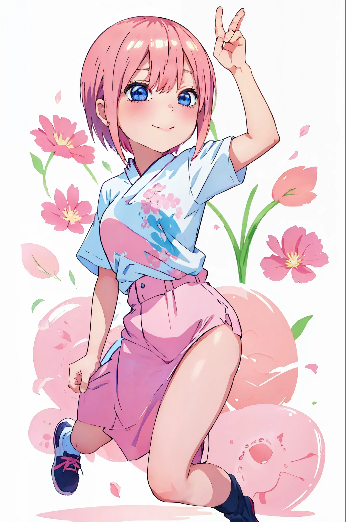 One girl, 1 girl, solo, Ichika Nakano, short pink shiny hair, dynamic pose, soft expressive face,, sweet face, smile, iridescent, cute casual outfit, simple cute clothes, minimal stylish, colorful fantasia background, watercolor illustration, 4k, neat lineart, full body