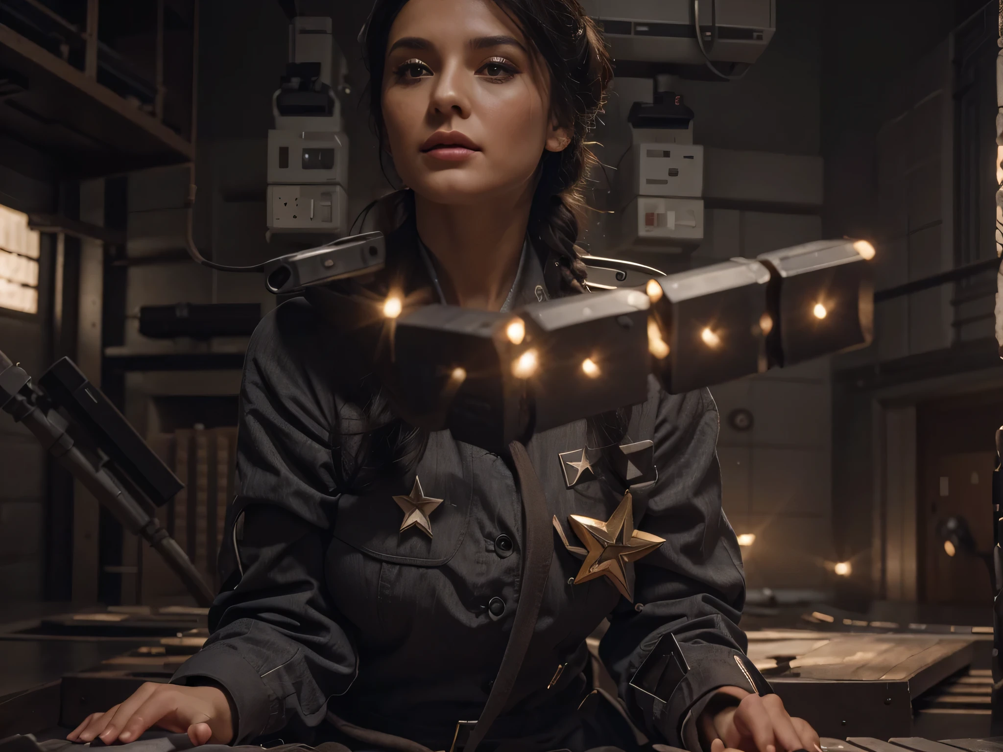 the most beautiful woman in the foreground lifting small metal cubes with the power of her mind, beautiful Russian features, very abundant black hair, very concentrated gaze, she wears a very light gray Soviet style jumpsuit, she is in a laboratory, many tubes and cables everywhere, soft purple lights, Ultra detailed, hyperrealistic, 4k, Ultra detailed image, realistic, Highly detailed, perfect composition, splendid, Intricately detailed, Incredibly detailed, 8 k artistic photography, hyper detailed, Masterpiece, Ultra detailed , hyper realistic, 4k, Ultra detailed image, realistic, Highly detailed, perfect composition, splendid, Intricately detailed, Incredibly detailed, 8 k artistic photography, hyper detailed, Masterpiece