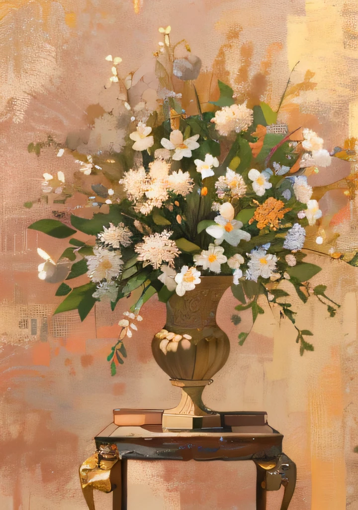 Draw a vase on the table,The background is the wall, vase, elegant flowers, gorgeous flowers, elegant composition, bouquet, There is floweryvase, gilded. flowery, floral update, Elegant scene, Flowery still life, Inspired by François Borguet, I dreamed that there were flowers in vase, The paintings are elegant and delicate, author:John Clayton Adams