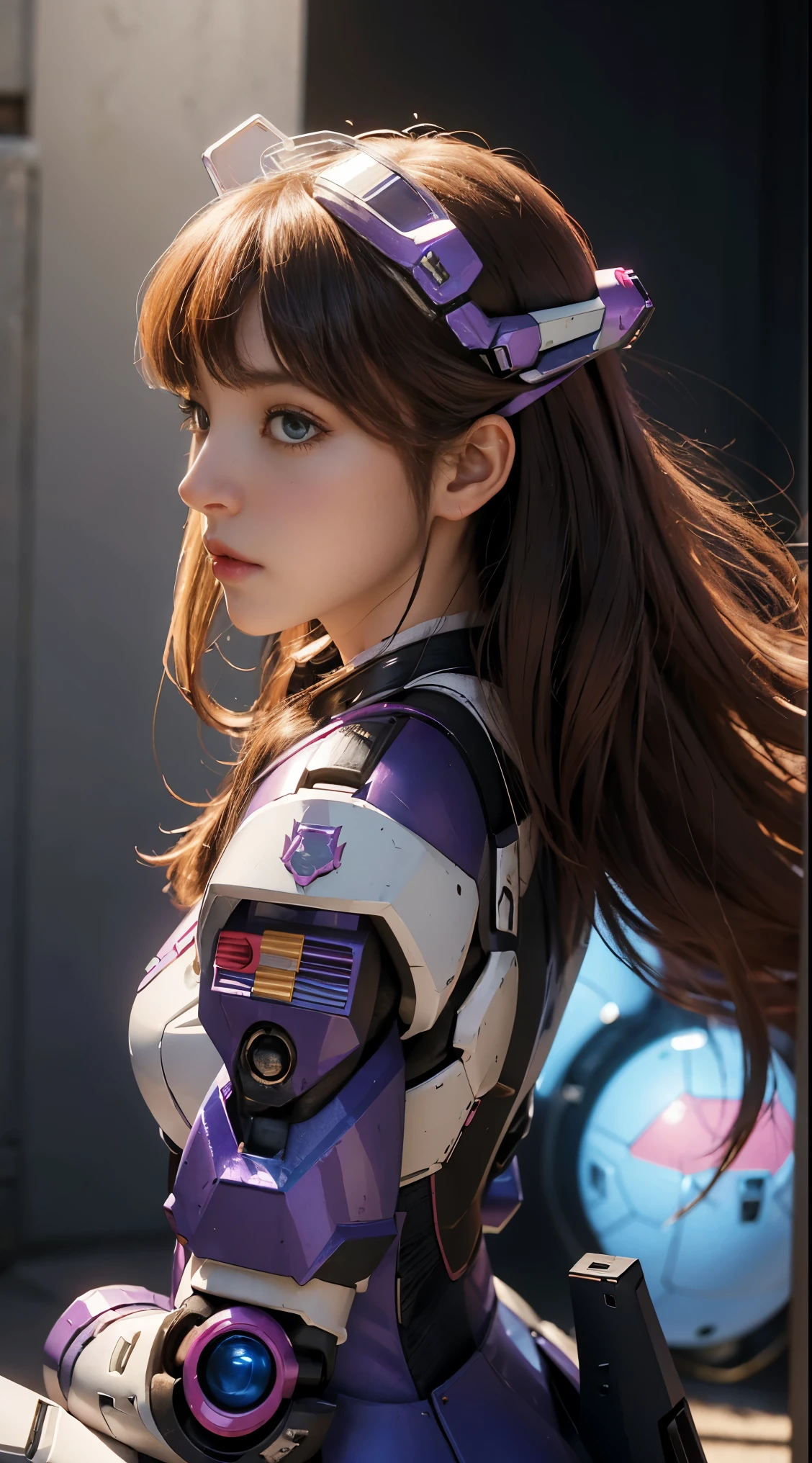 RAW, Masterpiece, Ultra Fine Photo,, Best Quality, Ultra High Resolution, Photorealistic, Sunlight, Full Body Portrait, Stunningly Beautiful,, Dynamic Poses, Delicate Face, Vibrant Eyes, (Side View) a close up of a woman in a pink and white gundam custume, dybamic pose, long brown very very long hair rapunzel, girl in mecha cyber armor, portrait armored astronaut girl, d. va from overwatch, female mecha, on a gundam, gundam head, chiho aoshima color scheme, mobile suit, streamlined purple armor, fully robotic!! girl, realistic cosplay, gundam armor (dynamic pose) (best cameraview), full body