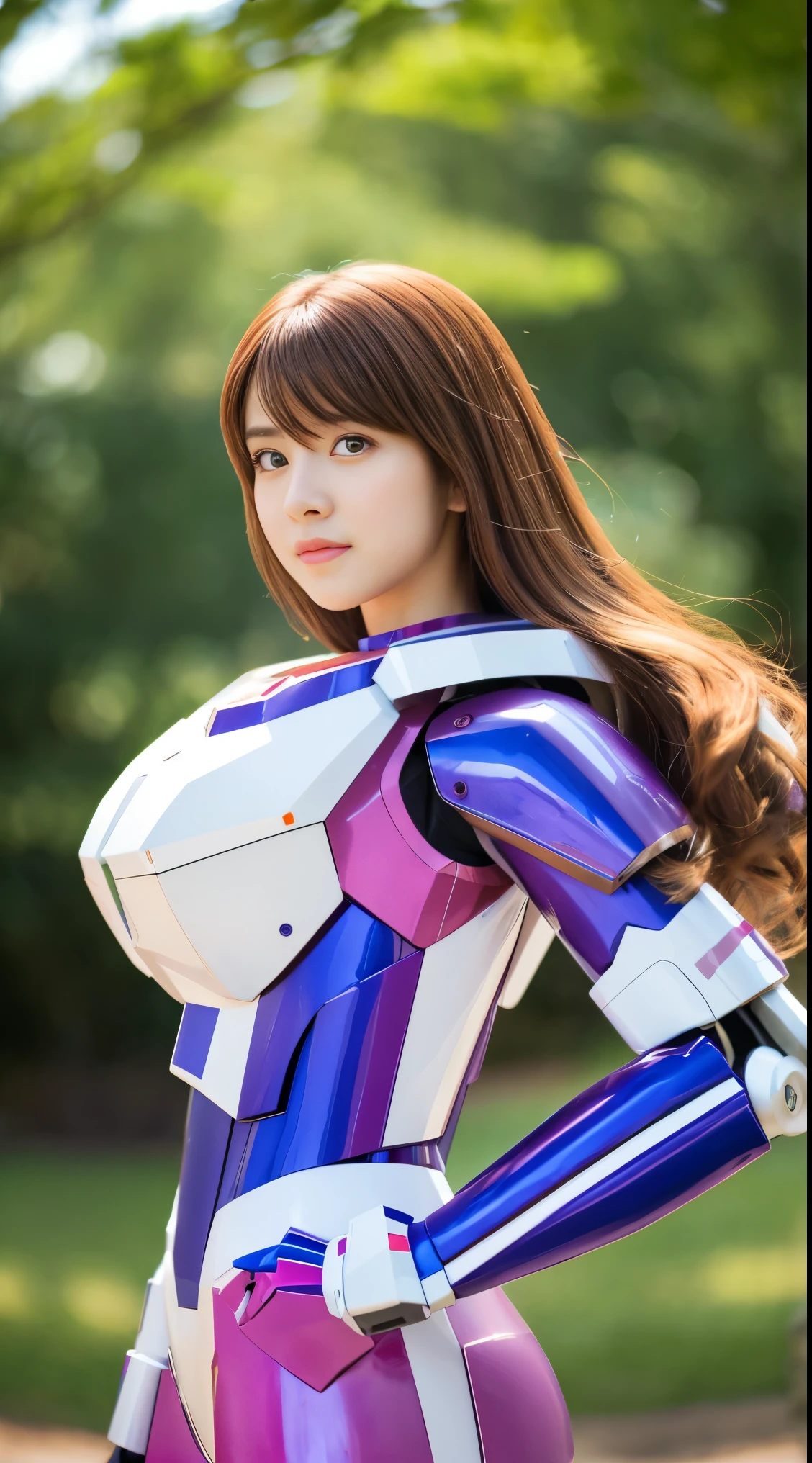 RAW, Masterpiece, Ultra Fine Photo,, Best Quality, Ultra High Resolution, Photorealistic, Sunlight, Full Body Portrait, Stunningly Beautiful,, Dynamic Poses, Delicate Face, Vibrant Eyes, (Side View) a close up of a woman in a pink and white gundam custume, dybamic pose, long brown very very long hair rapunzel, girl in mecha cyber armor, portrait armored astronaut girl, d. va from overwatch, female mecha, on a gundam, gundam head, chiho aoshima color scheme, mobile suit, streamlined purple armor, fully robotic!! girl, realistic cosplay, gundam armor (dynamic pose) (best cameraview), full body