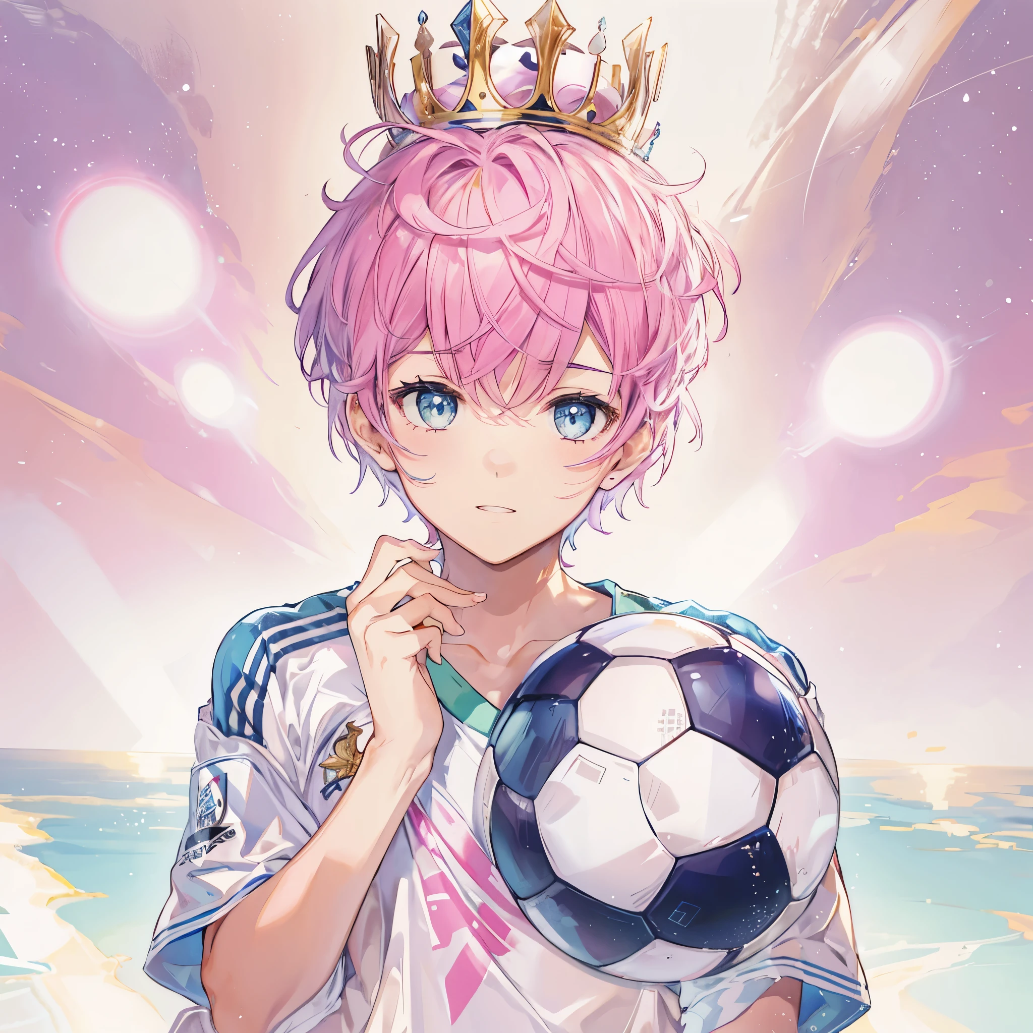 (solo,1boy, masculino),(soccer uniform),aquamarine eyes, Campo de futebol, pink short hair, crown over the head
