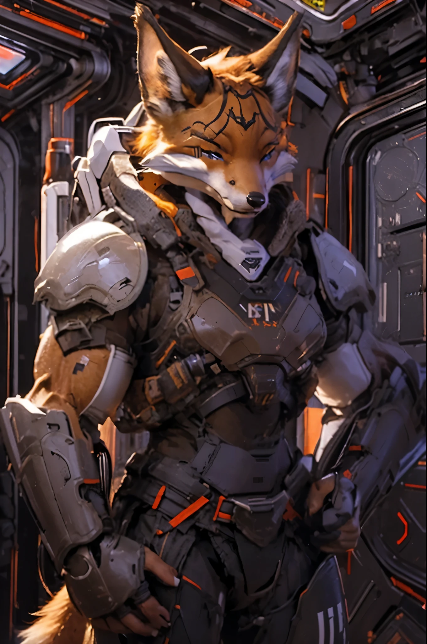 ((Miyu in battle armor posing with a rifle in her hands)), masterpiece, best, photo realistic, anthro fox soldier in battle armor, futuristic fox in a space station