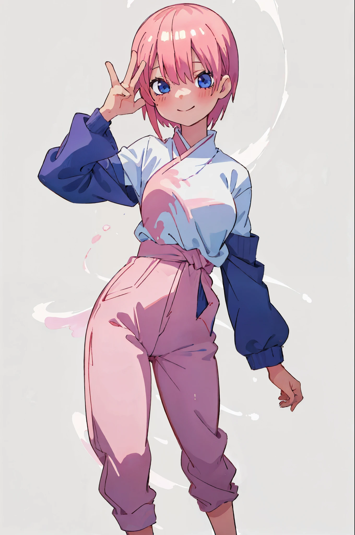One girl, 1 girl, solo, Ichika Nakano, short pink shiny hair, dynamic pose, soft expressive face,, sweet face, smile, iridescent, cute casual outfit, simple cute clothes, minimal stylish, colorful fantasia background, watercolor illustration, 4k, neat lineart, full body