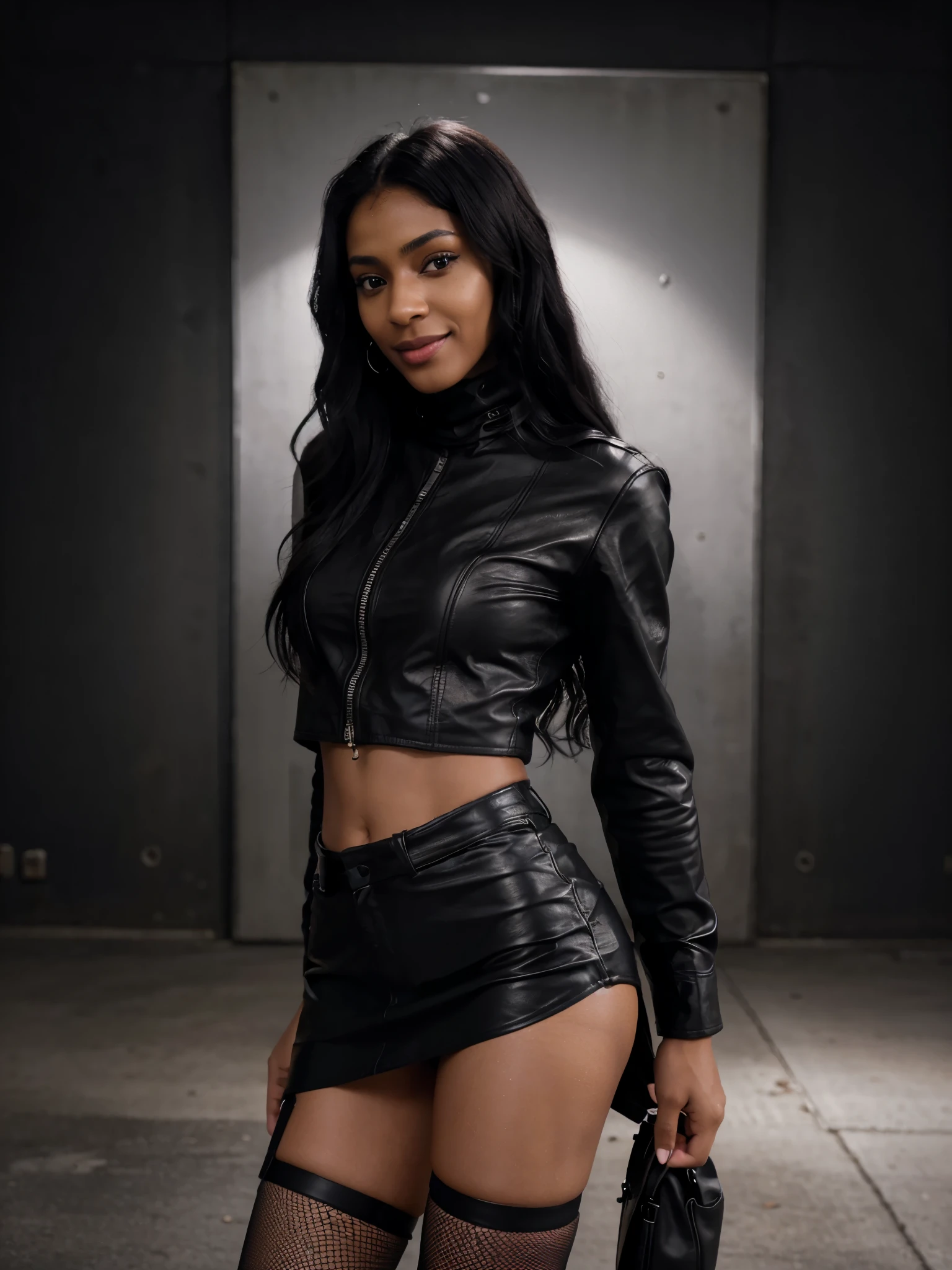 8k, RAW photo, best quality, ultra high resolution, (photorealistic), realistic photo of skinny ebony girl biker, (skinny ebony girl, most beautiful ebony girl in the world, dark skin, black hair, long wavy hair) on the highway, highway, (full body picture), photo from the side, wearing black leather jacket, black leather jacket, wearing black turtleneck sweater, wearing black leather miniskirt, black miniskirt, wearing black fishnet stockings, fishnet stockings, sexy pose, looking at viewer, smiling, bright white neon light, (extremely detailed CG unity 8k wallpaper), Sharp focus, (bright natural light)