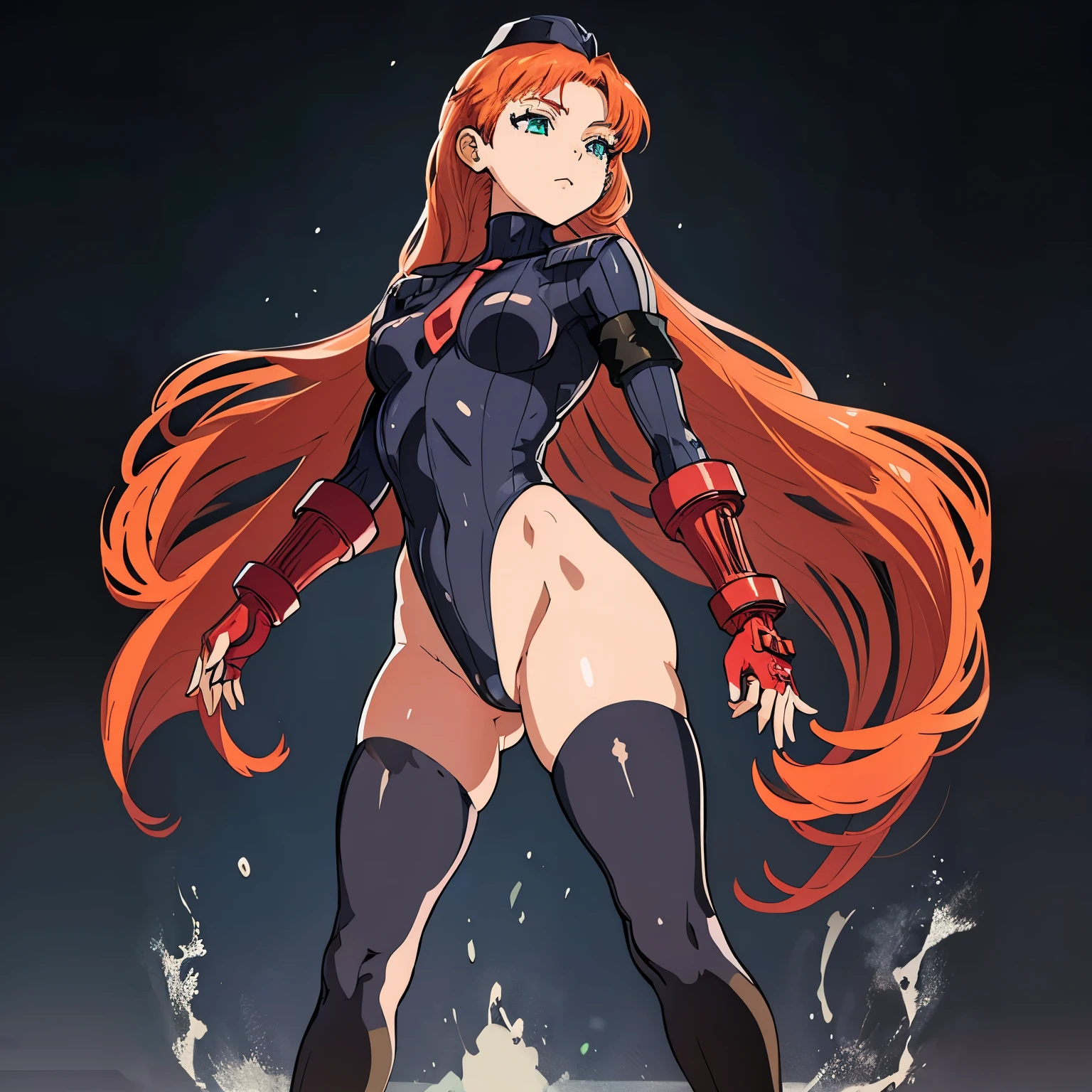 ultra-detailed, Explicit, Beautiful body, Beautiful Nose, Beautiful character design, perfect eyes, perfect face, ultra highres, 4K, beautiful legs, perfect legs, Nice hands, Perfect hand, Masterpiece, Best Quality, Highly detailed, illustration, absurdres, perfect anatomy, street fighter, doll suit, shadaloo doll, dollsuit, expressionless, blank eyes, looking at viewer, red gloves, emotionless, black latex, corruption, mind control, female combatant, full body, hypnotized, unhappy trance, full body suit, ribbed bodysuit, both arms at side, obey, perfect female body, extremely glossy latex, hypnosis, hypnoLora, empty eyes, Mind control device, poses, submissive_pose, Slave, standing straight, standing, standing at attention, hat, necktie, belt, latex, ribbed bodysuit, thigh Highs, garter belt, Fighting Stance, extending the right arm from the shoulder into the air with a straightened hand, military, thigh boots, black pantyhose, (((pixel-perfect, detail-perfect))), solo, 1girl, hair ornaments, flat chest, FrillR4, orange hair, aqua eyes