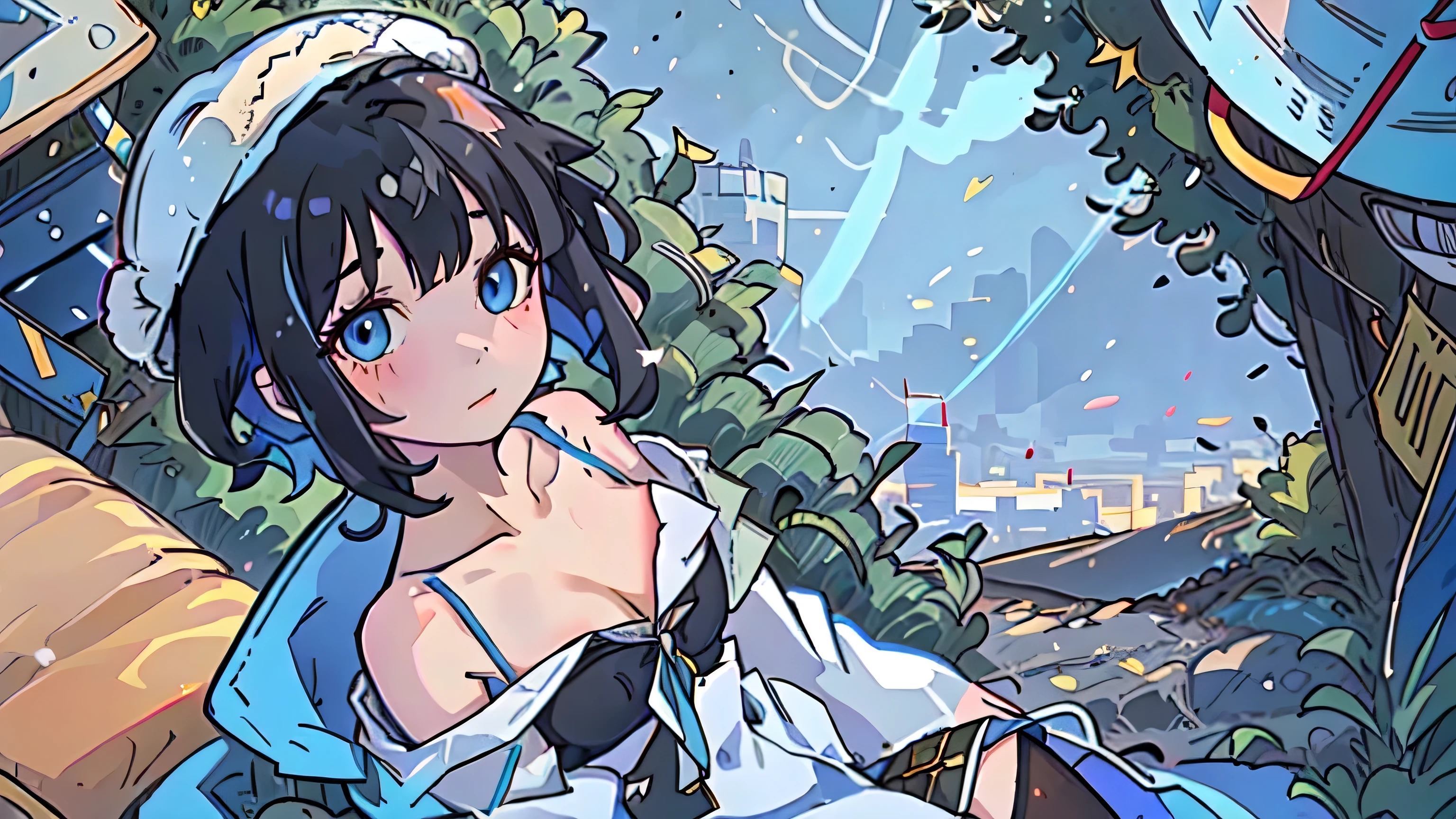 1 girl,short hair, black hair, blue eyes, dress, bare shoulders, chest, soft light, Wearing a deerstalker hat, frank, in the middle of the city, afternoon