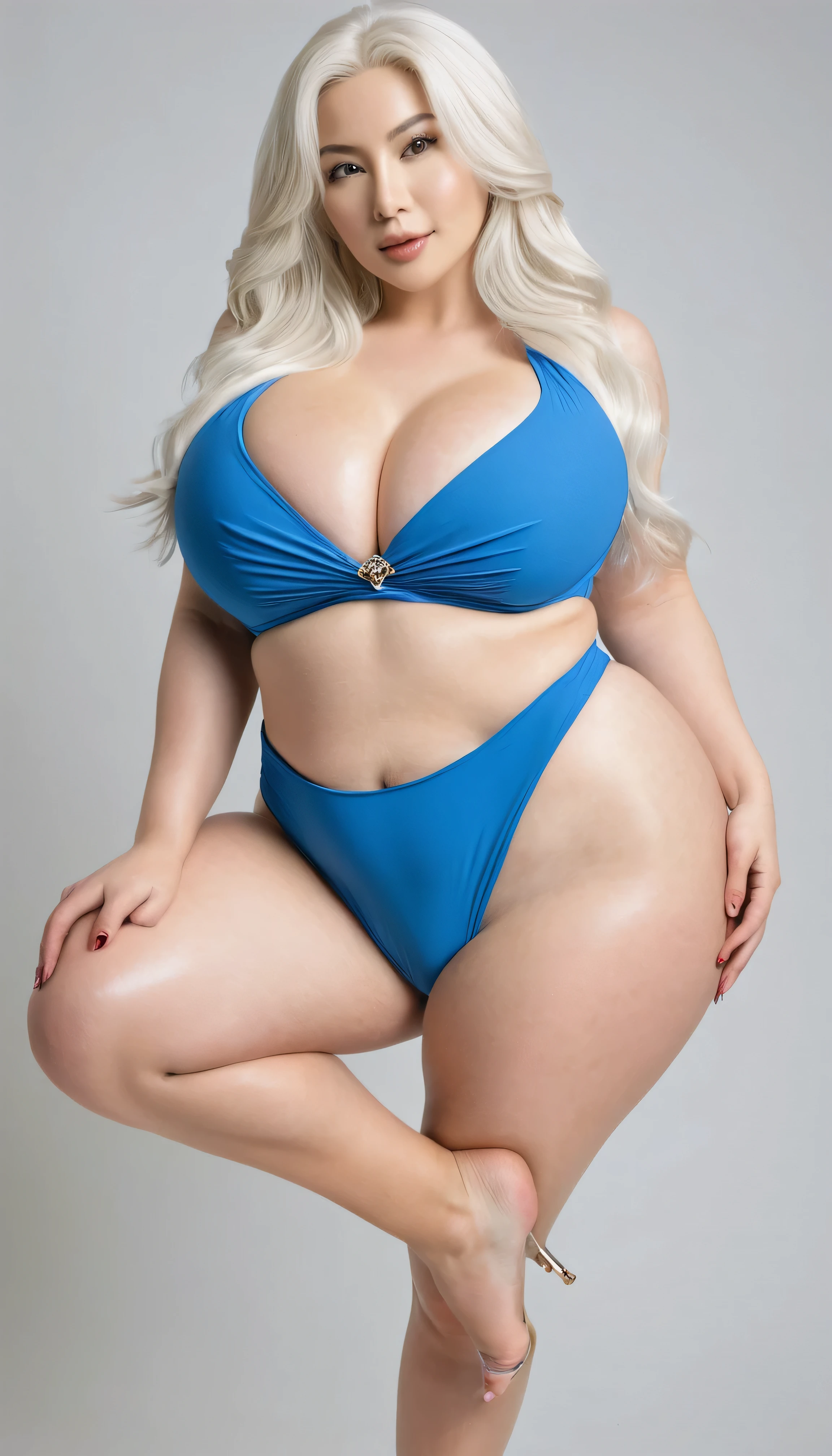 There is a platinum blonde white woman holding a Japanese sword in front of a spaceship., 50 generation women, foreigner, Making a woman in a bewitching pose, (compensate:1.7), pregnant woman, perfect body, sensual figure, curvy model, very plump body, sensual body, plus size women, attractive plus size model, ((brain out:1.8, soft:1.3)), (on the stomach:1.3), (buttocks:1.5), (thighs:1.8), gray hair, curved hourglass illustration, swimsuit model, It has a curvy body shape, (chest cut(blue high leg cut swimsuit))), Simple white background,platinum blonde white woman,
