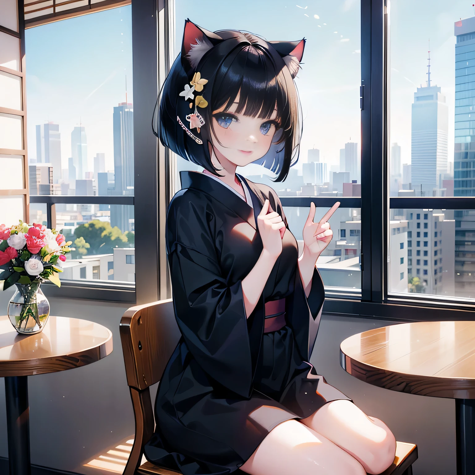 (kigurumi costume like a cat),((1girl,cute,japanese,young,short beautiful black hair,bob cut,blunt bangs,beautiful blue eyes)),(solo),((masterpiece, highest resolution,best quality)), (beautiful illustration),(cat kigurumi),
 (looking at the viewer), innocent smile,cinematic lighting,beautiful modern cafe,big city,table,chair,window,flowers,buildings,blue sky