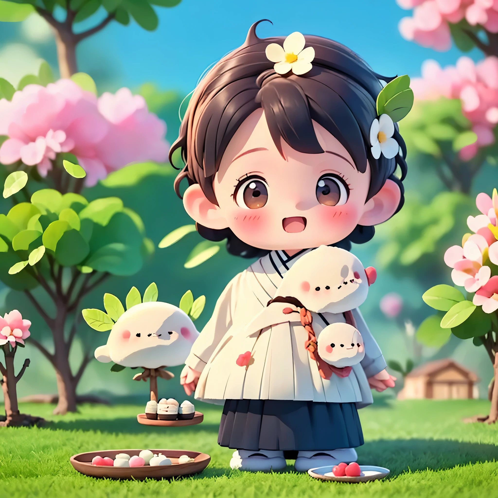 {{((Inspired by Japanese sweets、Chibikko loose character girls。))}}(５.little woman, ５with people), 8K, ((table top)), (((highest quality))), ((Super detailed)), ((((realistic)))), Photoreal:1.37, (超realistic), (enlightenment), (High resolution), (very detailed), (The best enlightenmentns), (Super detailed), (wall), (detailed face), (beautiful expression), ((詳細 highest qualityのスキン:1.2)), ((reddish blush)), (Super detailedな背景, detailed background), absurd solution, near and far law, (((Sakuramochi, Daifuku cake, Wormwood mochi, Ohagi mochi, Kinako mochi))), A scene of people happily eating mochi together in a park where cherry blossoms are blooming., ((Be careful when drawing fingers:1.2)), look at the audience, from the front, laughter, There is a leaf on the head of each person on the screen.、A park with many cherry blossom trees。