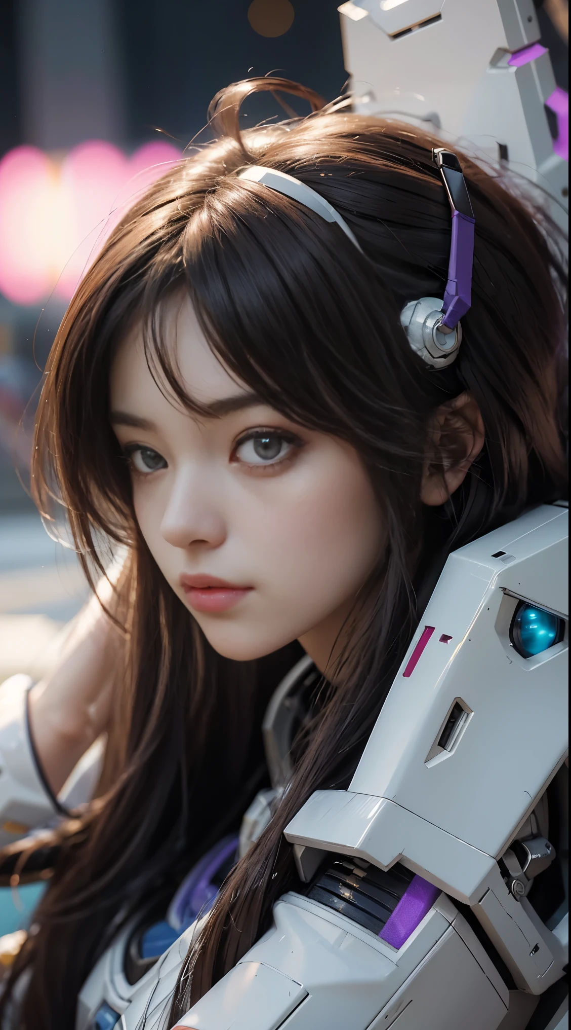 RAW, Masterpiece, Ultra Fine Photo,, Best Quality, Ultra High Resolution, Photorealistic, Sunlight, Full Body Portrait, Stunningly Beautiful,, Dynamic Poses, Delicate Face, Vibrant Eyes, (Side View) a close up of a woman in a pink and white gundam custume, dybamic pose, long brown very very long hair rapunzel, girl in mecha cyber armor, portrait armored astronaut girl, d. va from overwatch, female mecha, on a gundam, gundam head, chiho aoshima color scheme, mobile suit, streamlined purple armor, fully robotic!! girl, realistic cosplay, gundam armor (dynamic pose) (best cameraview), full body