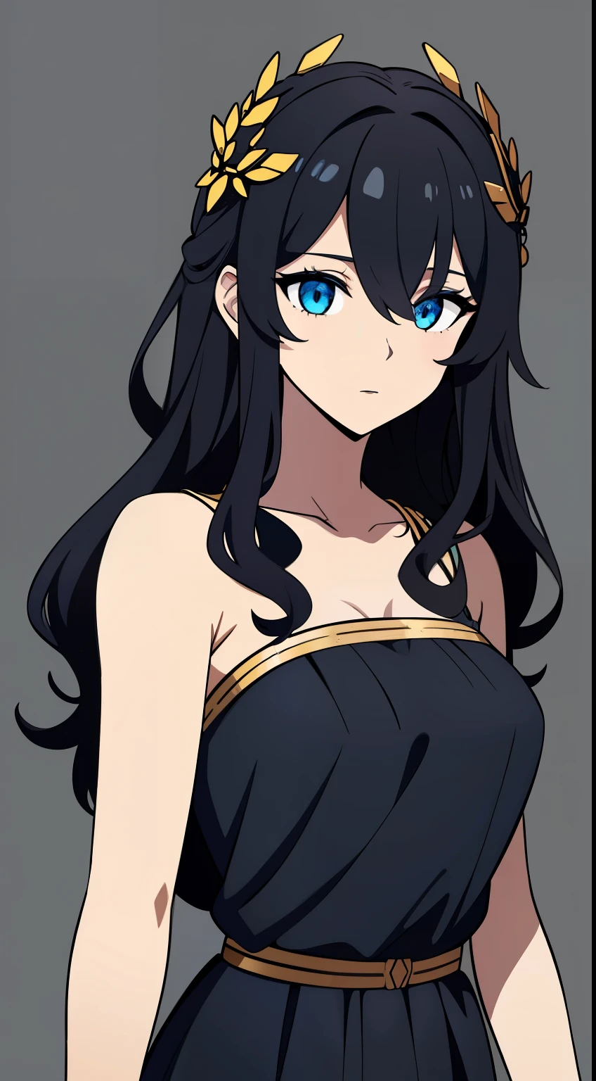 (high-quality, breathtaking),(expressive eyes, perfect face) 1girl, female, solo, young adult, dark black color hair, blue highlight in hair, tanned skin, pale light blue eye color, medium hair length, spiky hair, wavy curly hair, black dress with gold trim, Greek Goddess, Ancient Greek Dress, Greek Clothes, Symmetrical Eyes, portrait, halfbody, positive expression, grey background, elegant, mature, beautiful, soft smile, hair between eyes, SunsetHuman,