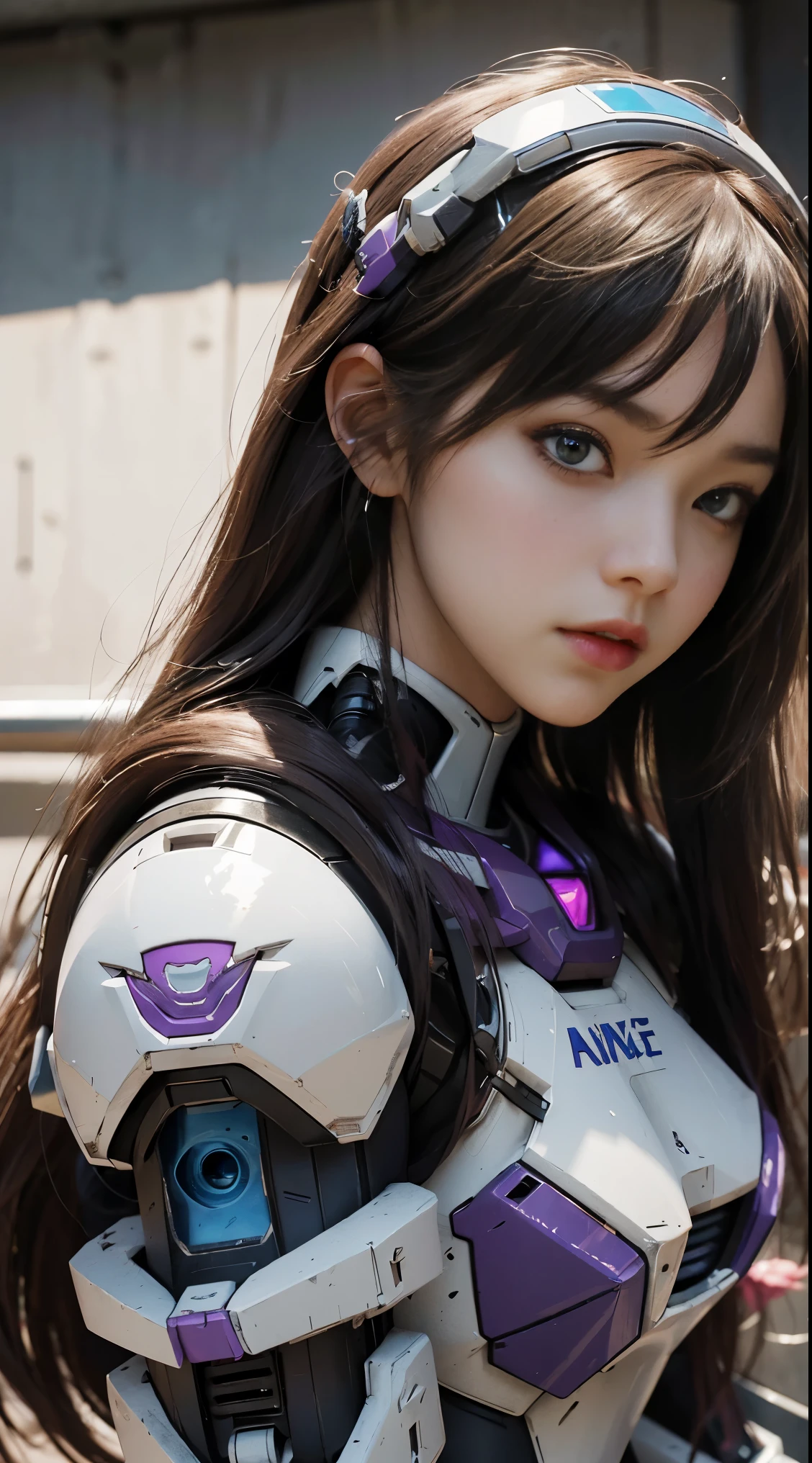 RAW, Masterpiece, Ultra Fine Photo,, Best Quality, Ultra High Resolution, Photorealistic, Sunlight, Full Body Portrait, Stunningly Beautiful,, Dynamic Poses, Delicate Face, Vibrant Eyes, (Side View) a close up of a woman in a pink and white gundam custume, dybamic pose, long brown very very long hair rapunzel, girl in mecha cyber armor, portrait armored astronaut girl, d. va from overwatch, female mecha, on a gundam, gundam head, chiho aoshima color scheme, mobile suit, streamlined purple armor, fully robotic!! girl, realistic cosplay, gundam armor (dynamic pose) (best cameraview), full body
