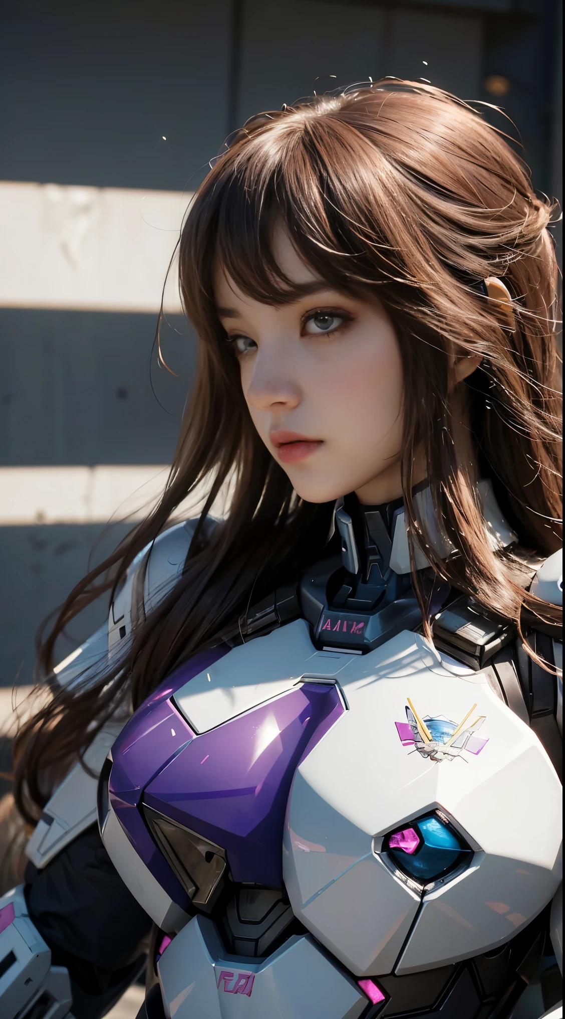 RAW, Masterpiece, Ultra Fine Photo,, Best Quality, Ultra High Resolution, Photorealistic, Sunlight, Full Body Portrait, Stunningly Beautiful,, Dynamic Poses, Delicate Face, Vibrant Eyes, (Side View) a close up of a woman in a pink and white gundam custume, dybamic pose, long brown very very long hair rapunzel, girl in mecha cyber armor, portrait armored astronaut girl, d. va from overwatch, female mecha, on a gundam, gundam head, chiho aoshima color scheme, mobile suit, streamlined purple armor, fully robotic!! girl, realistic cosplay, gundam armor (dynamic pose) (best cameraview), full body