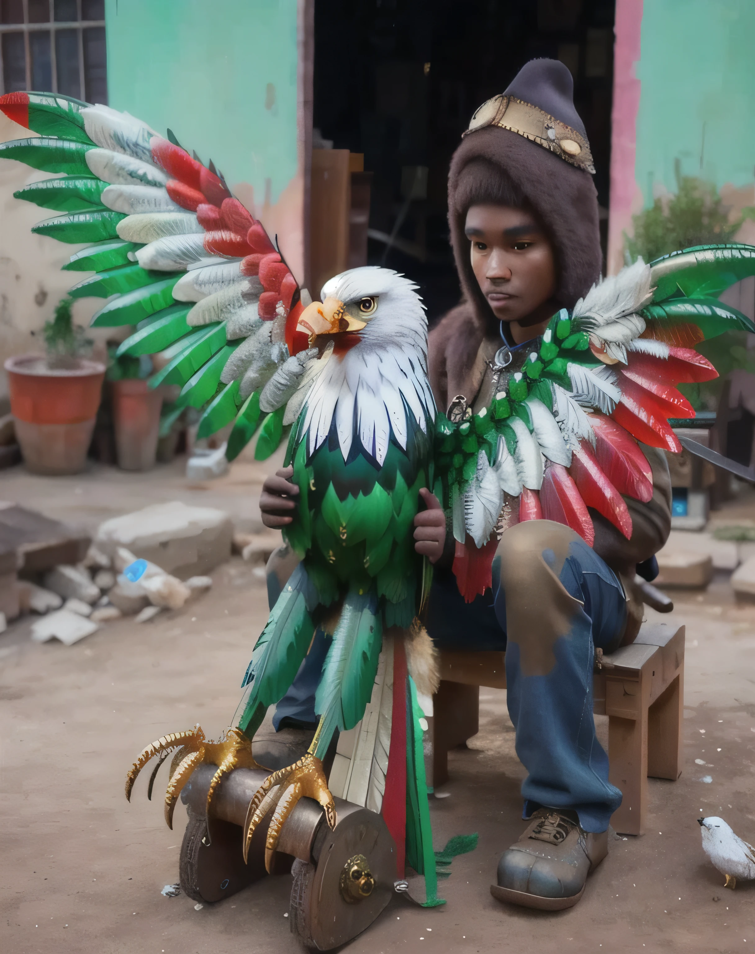 (best quality,masterpiece:1.2),ultra-detailed,eagle with extremely detailed body and face,brown body,white head, yellow beak,steampunk,fantasy art