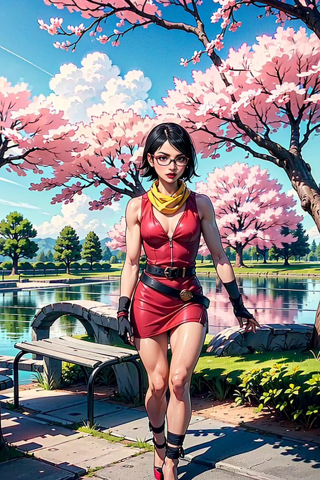 (1girl, solo, alone), (WakatsukiRisa, Sarada Uchiha, black hair, short hair, black eyes, red glasses), ((solo, (1woman, ((small bust)), pink lipstick, black eyes), Extremely detailed, ambient soft lighting, 4k, perfect eyes, a perfect face, perfect lighting, a 1girl)), ((fitness, muscular, shapely body, athletic body, toned body)), ((red dress, white top, neck scarf, yellow scarf, black and white high heels, long gloves, white belt, wristband, walking in a square, pond, cherry tree, park bench))