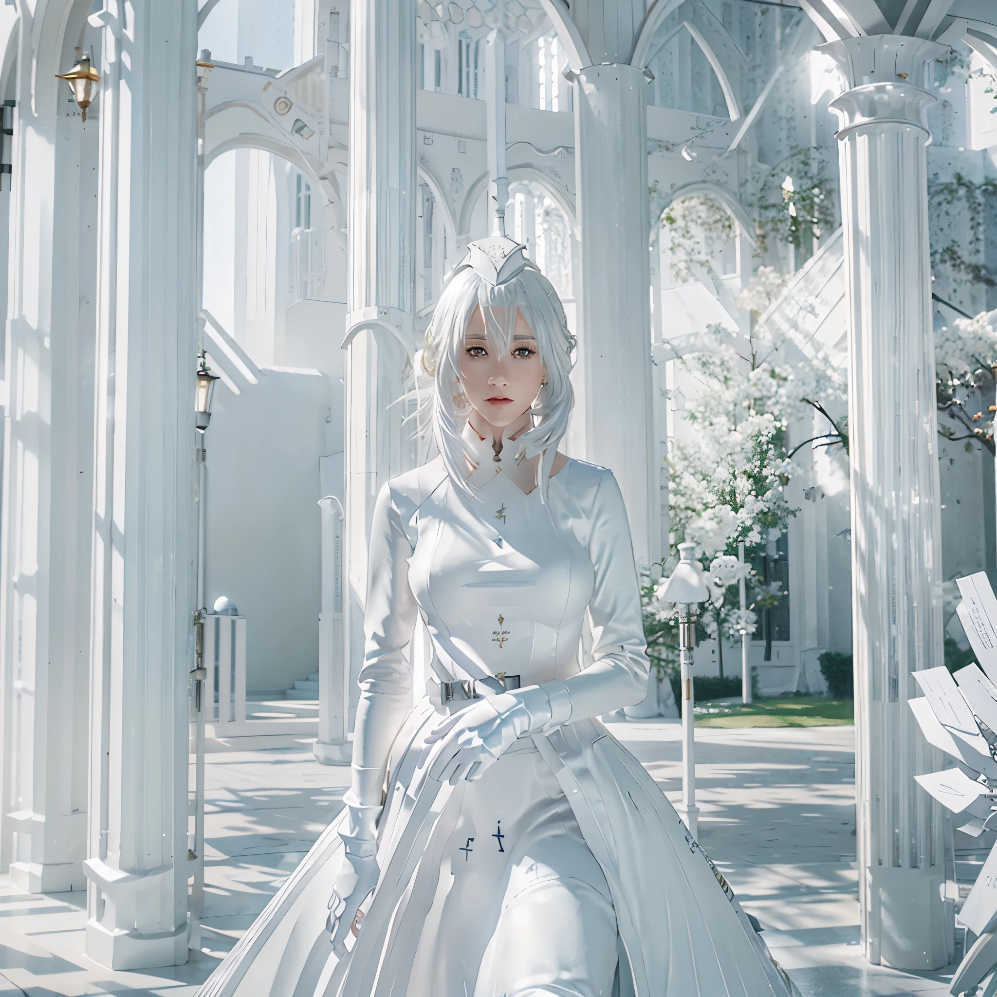 A woman with white clothes, silver hair, silver eyes, outside a white castle with golden details, well-lit place, light effect, white towers, white pillars, very detailed, masterpiece, high quality, ultra resolution, 4k hd
